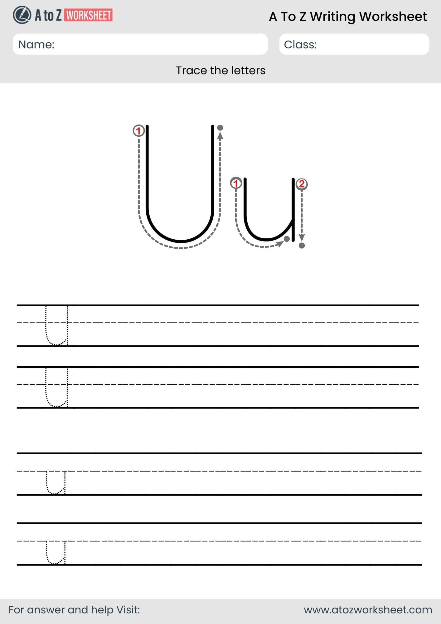 u letter write a to z worksheet for ukg