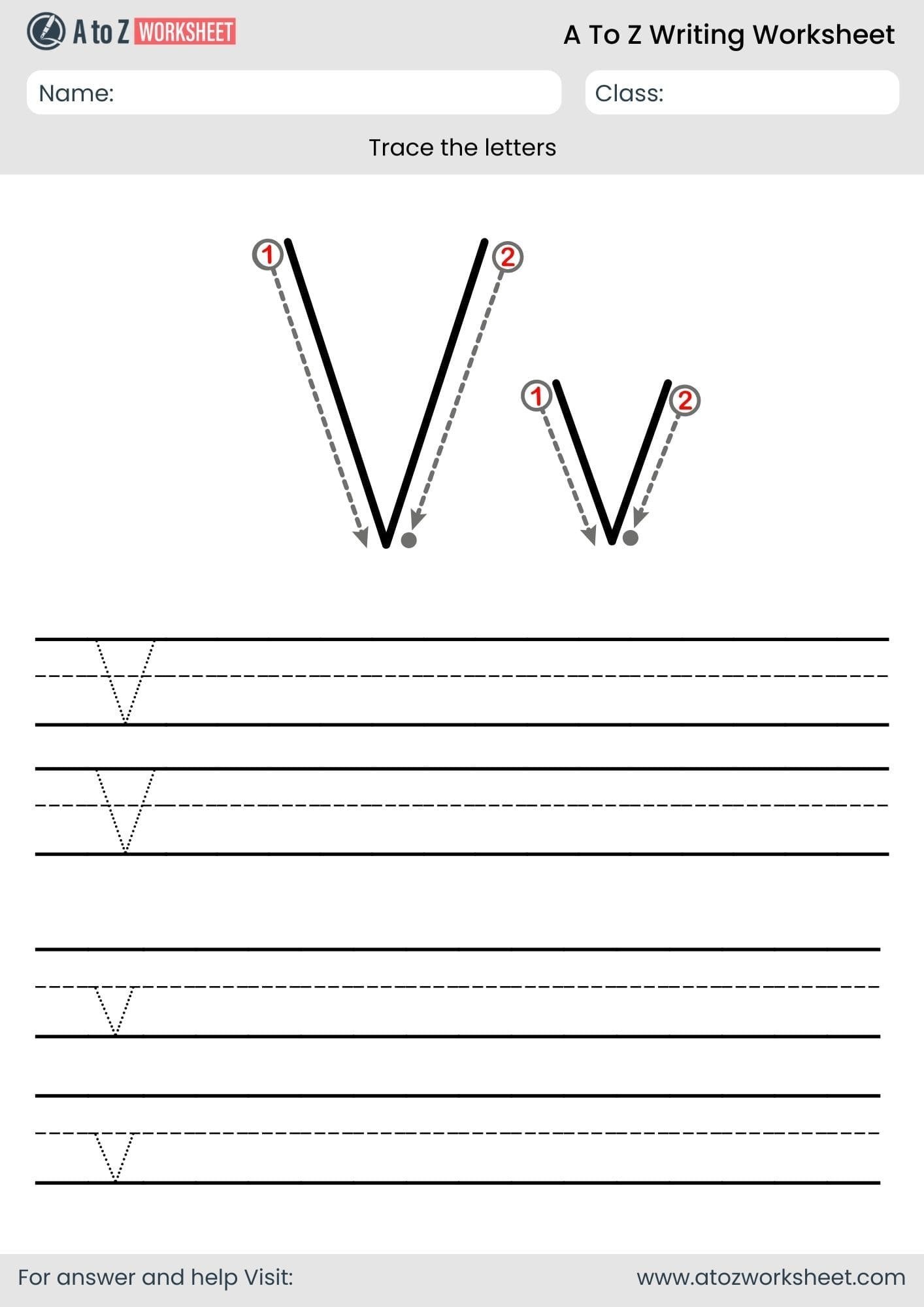 v letter write a to z worksheet for lkg