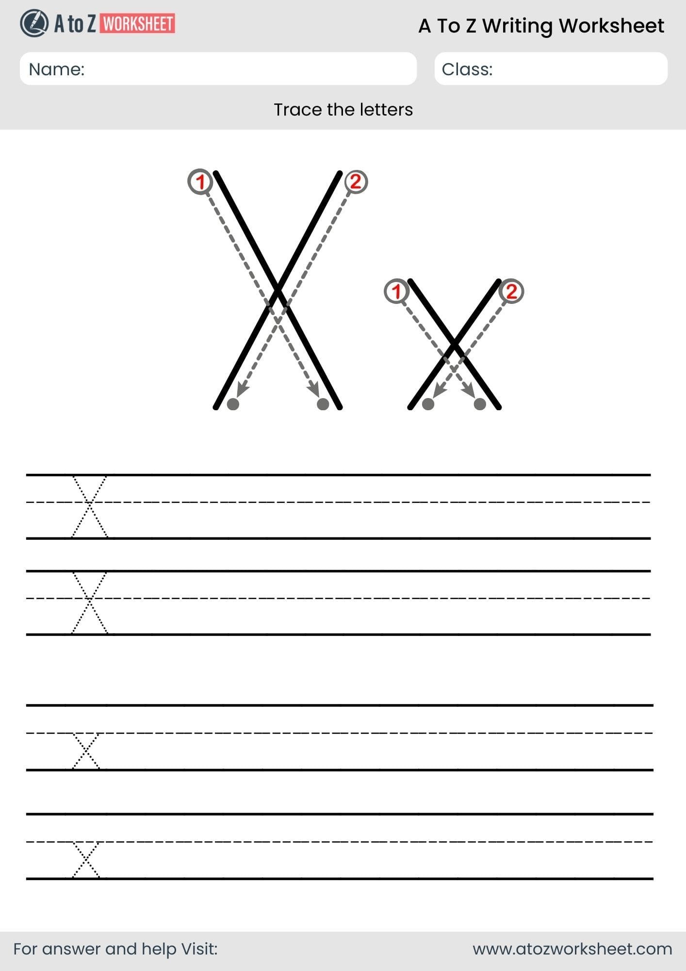 x letter write a to z worksheet for preschool