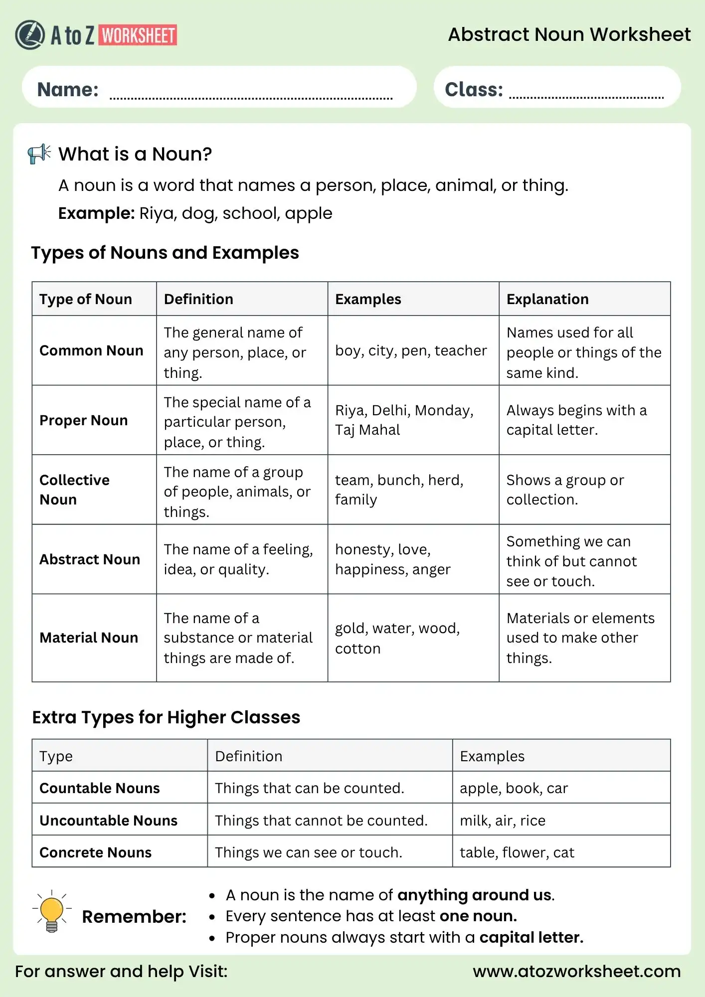 abstract noun worksheets for class 2 to class 5 grammar chart