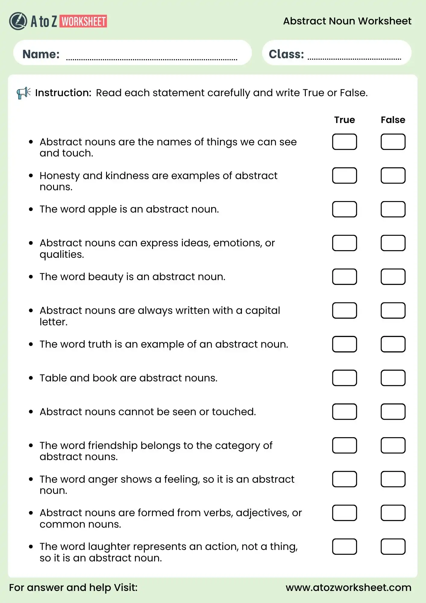 abstract noun worksheets for class 2 to class 5 true or false grammar activity