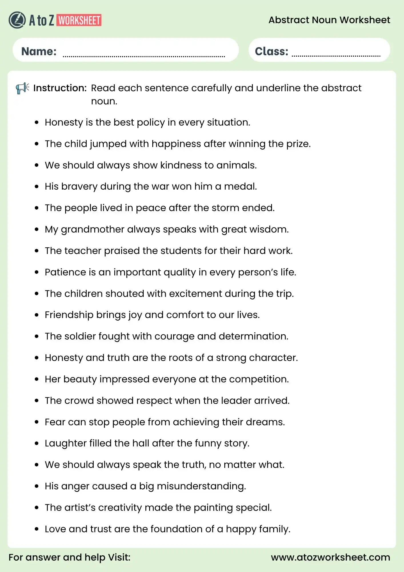 abstract noun worksheets for class 2 to class 5 underline activity