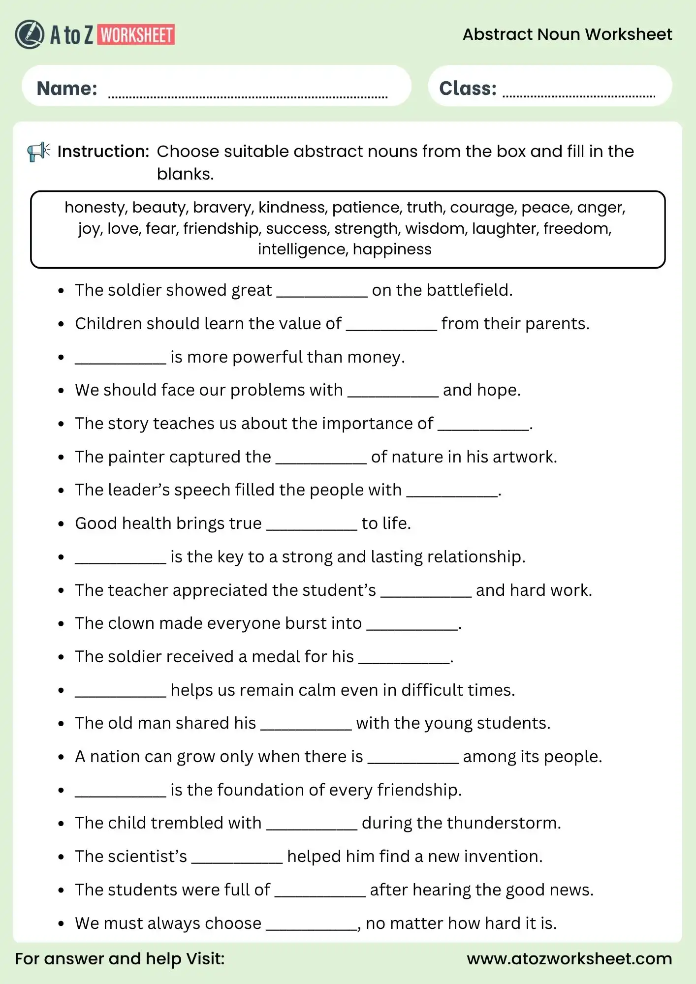 abstract noun worksheets for class 2 to class 5 fill in the blanks activity