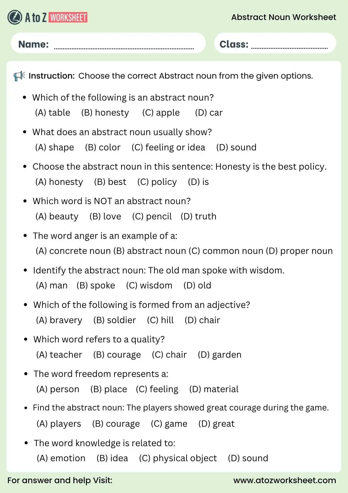 abstract noun worksheets for class 2 to class 5 mcq activity