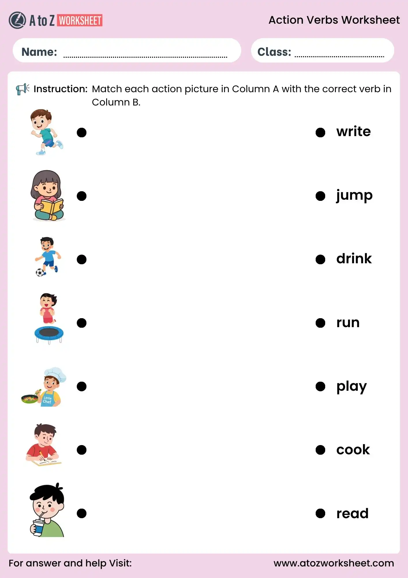 action verbs worksheets matching activity for grade 2