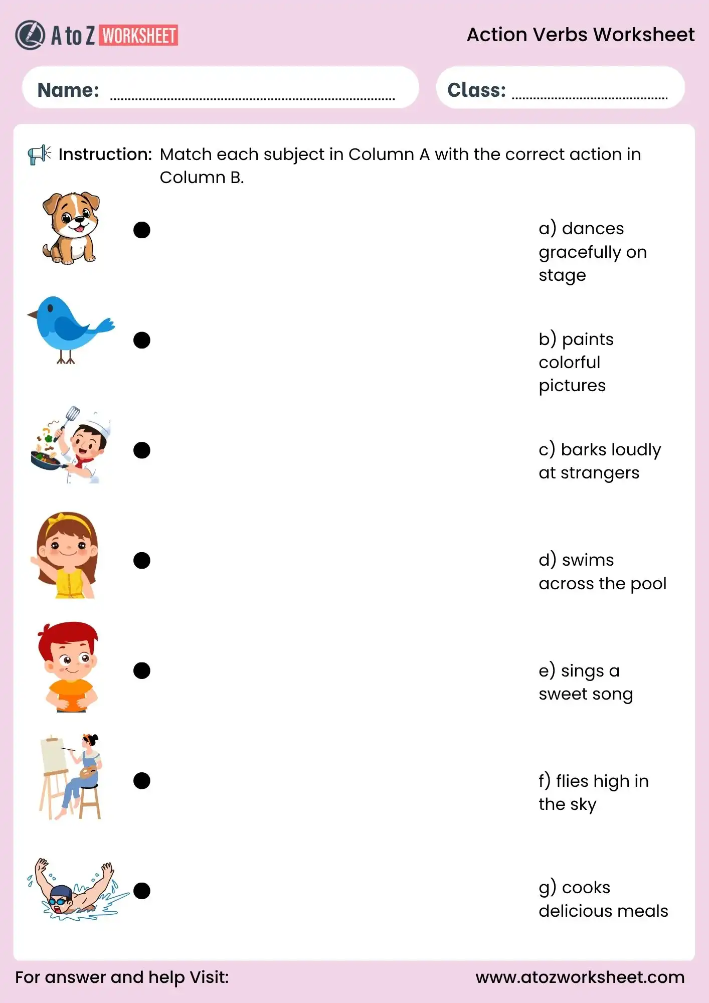 action verbs worksheets match subject with action activity