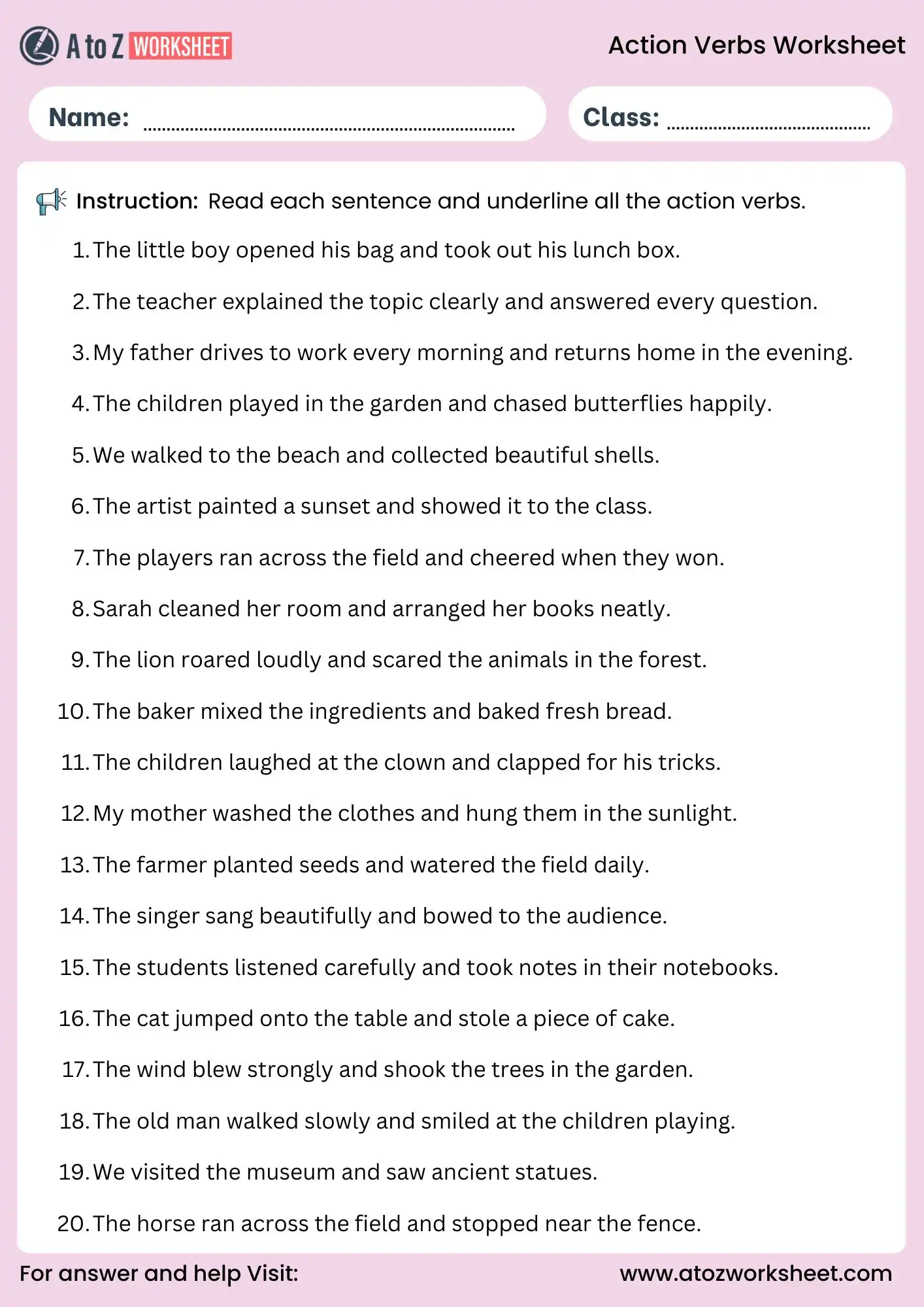 action verbs worksheets underline all action verbs exercise