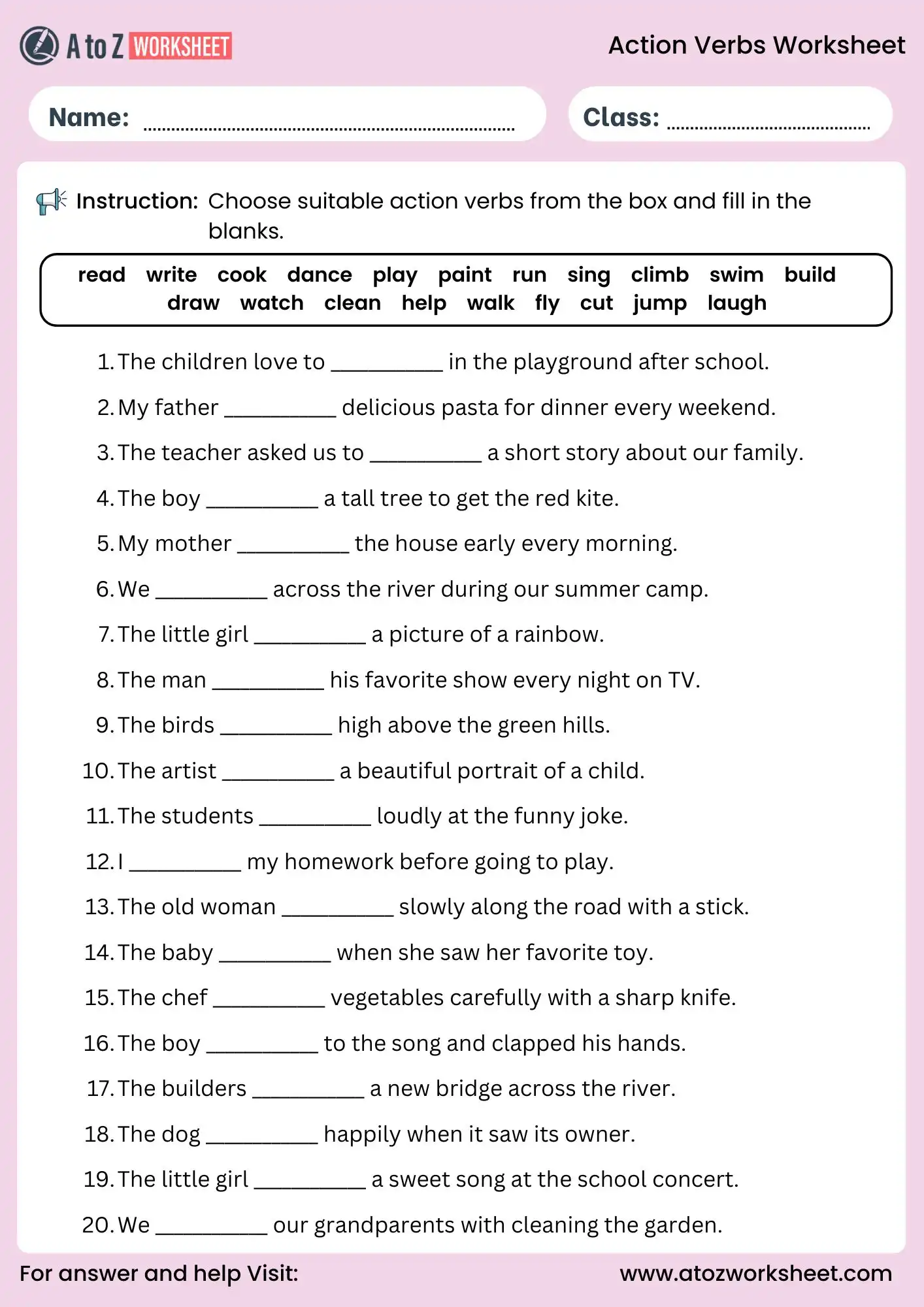 action verbs worksheets fill in blanks grammar exercise