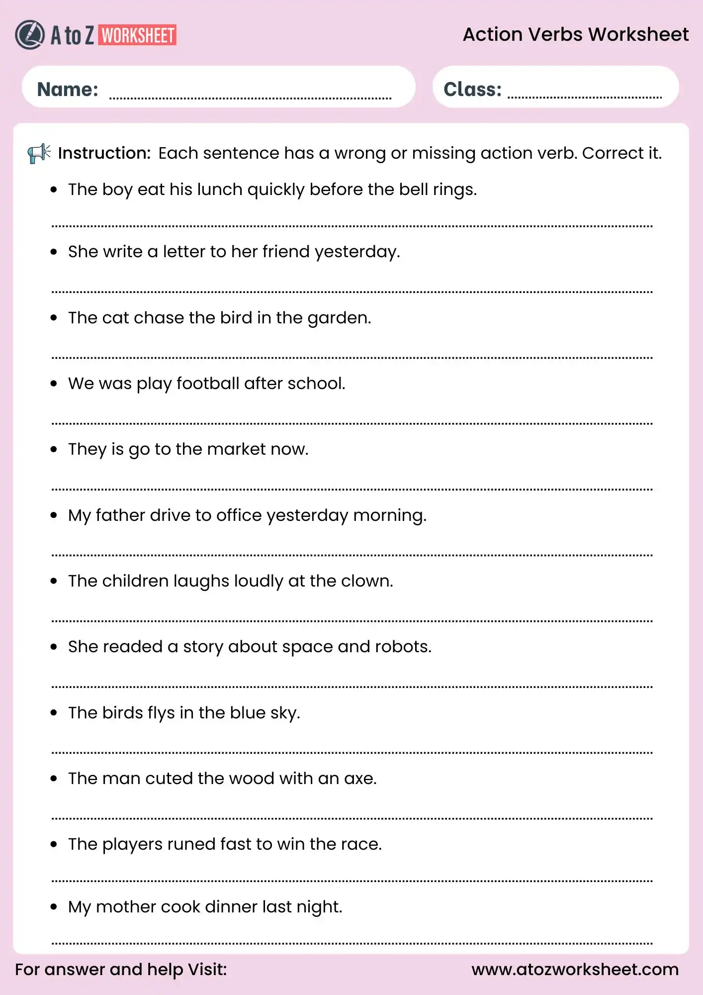 action verbs worksheets correct wrong or missing verb sentences