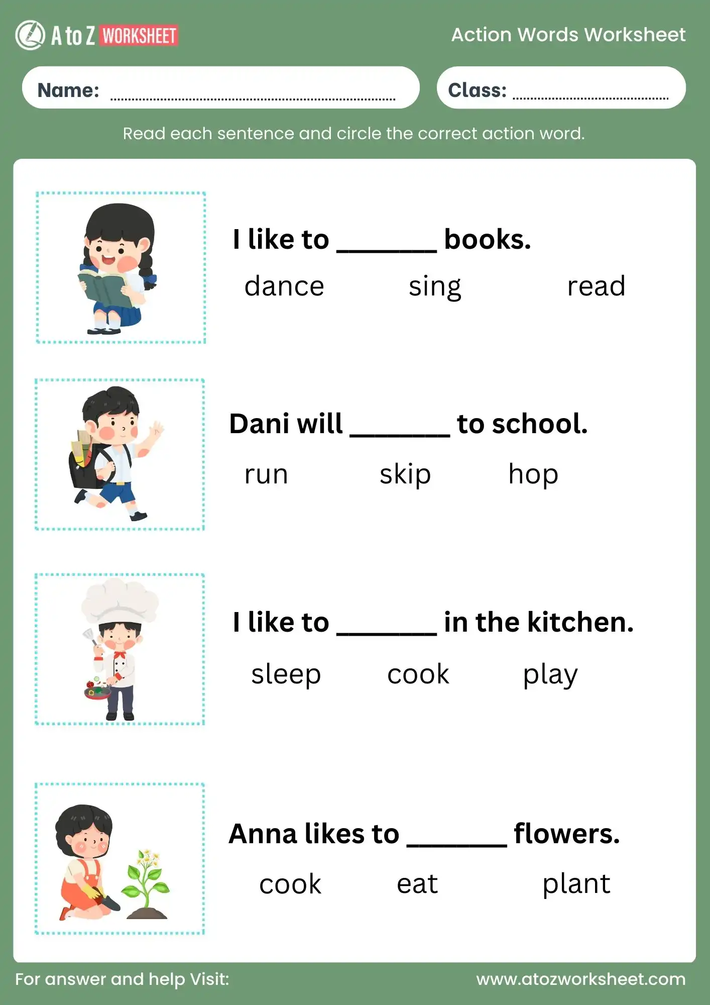 action words worksheet for class 1 with verbs exercise