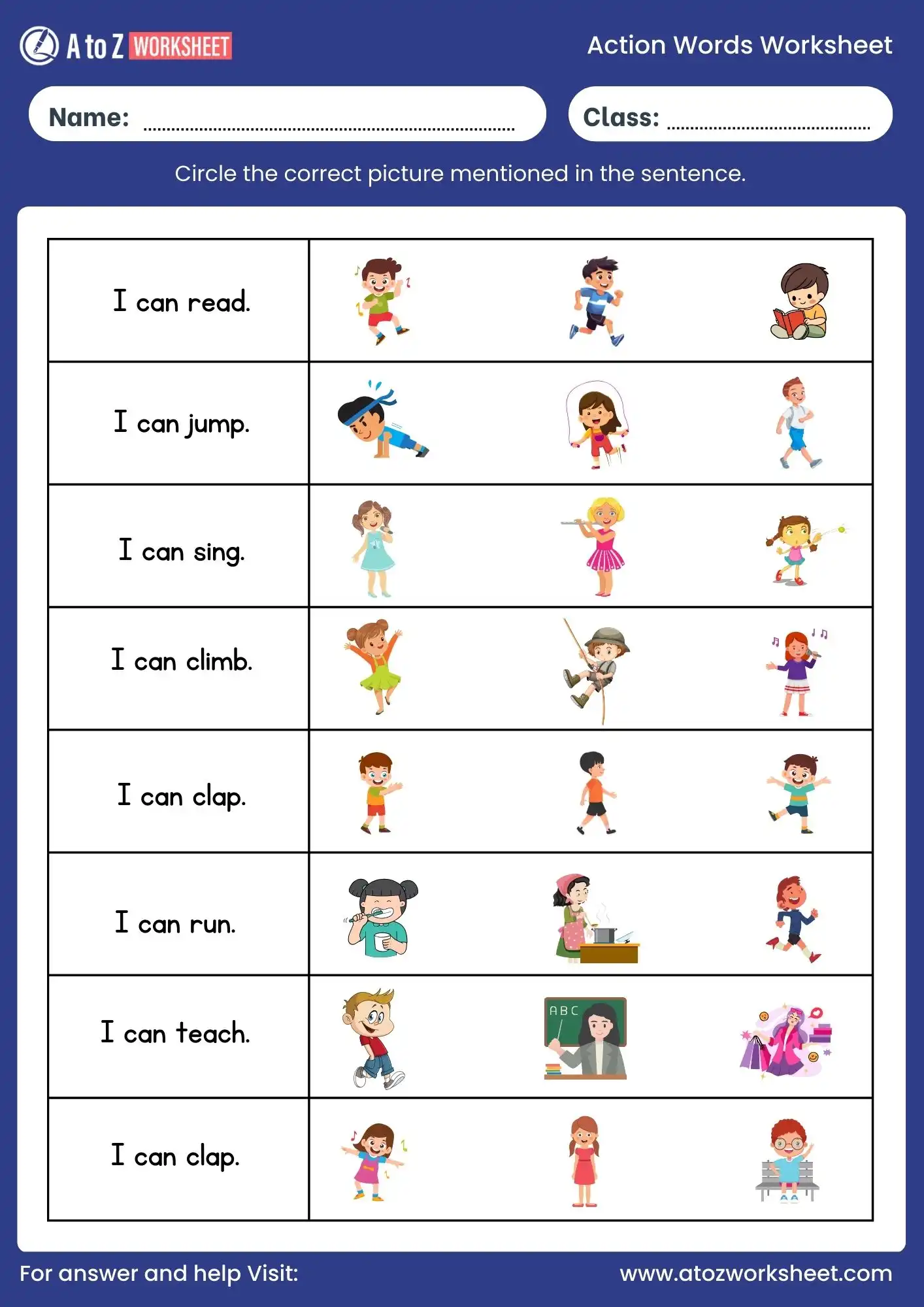 action words worksheet with answers for ukg to class 3