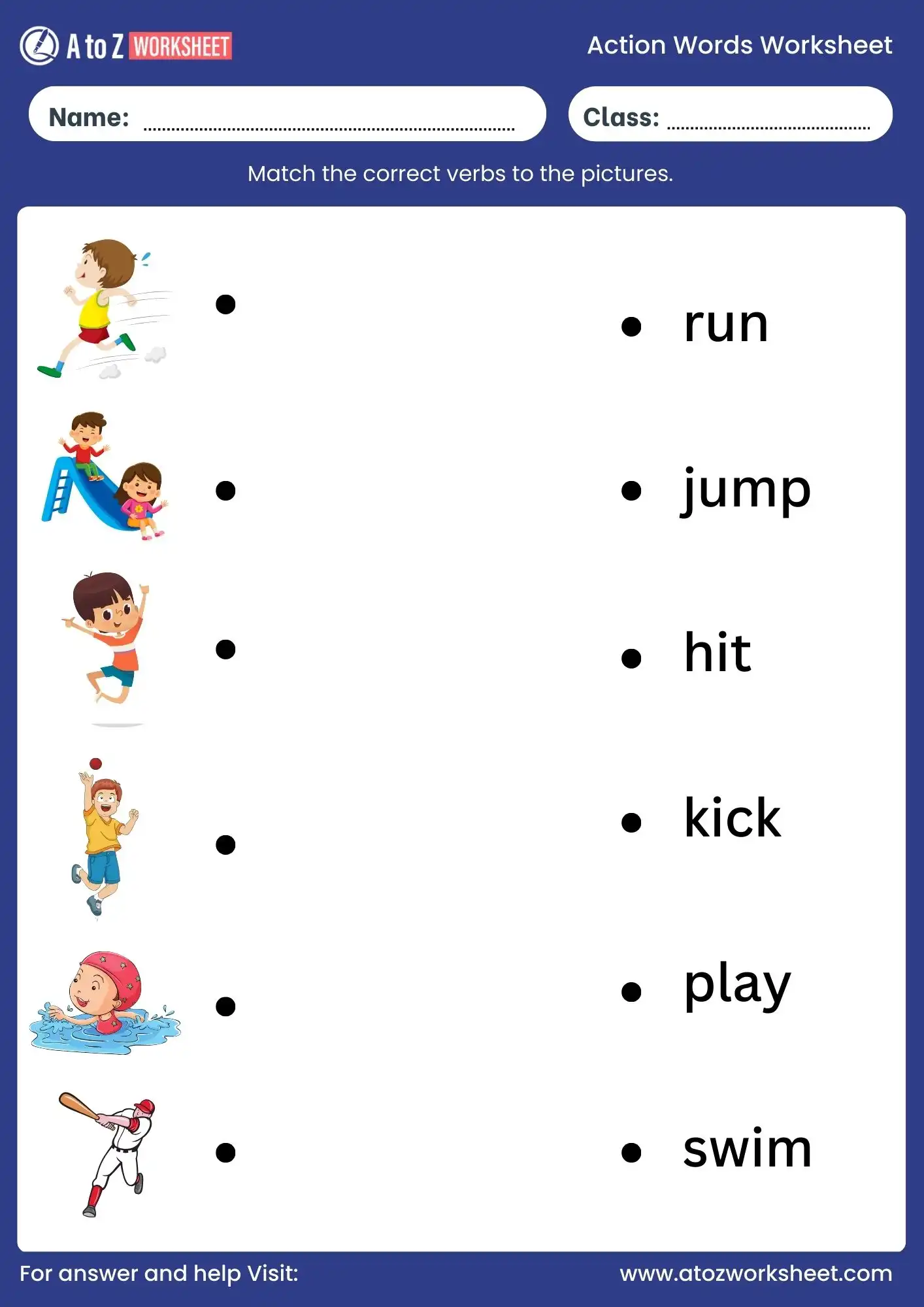 action words worksheet with matching activity for class 2 and 3