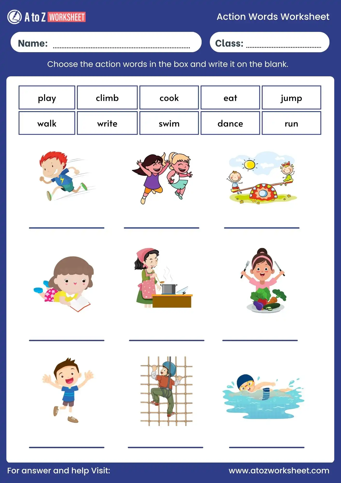 action words worksheet for ukg class 1 class 2