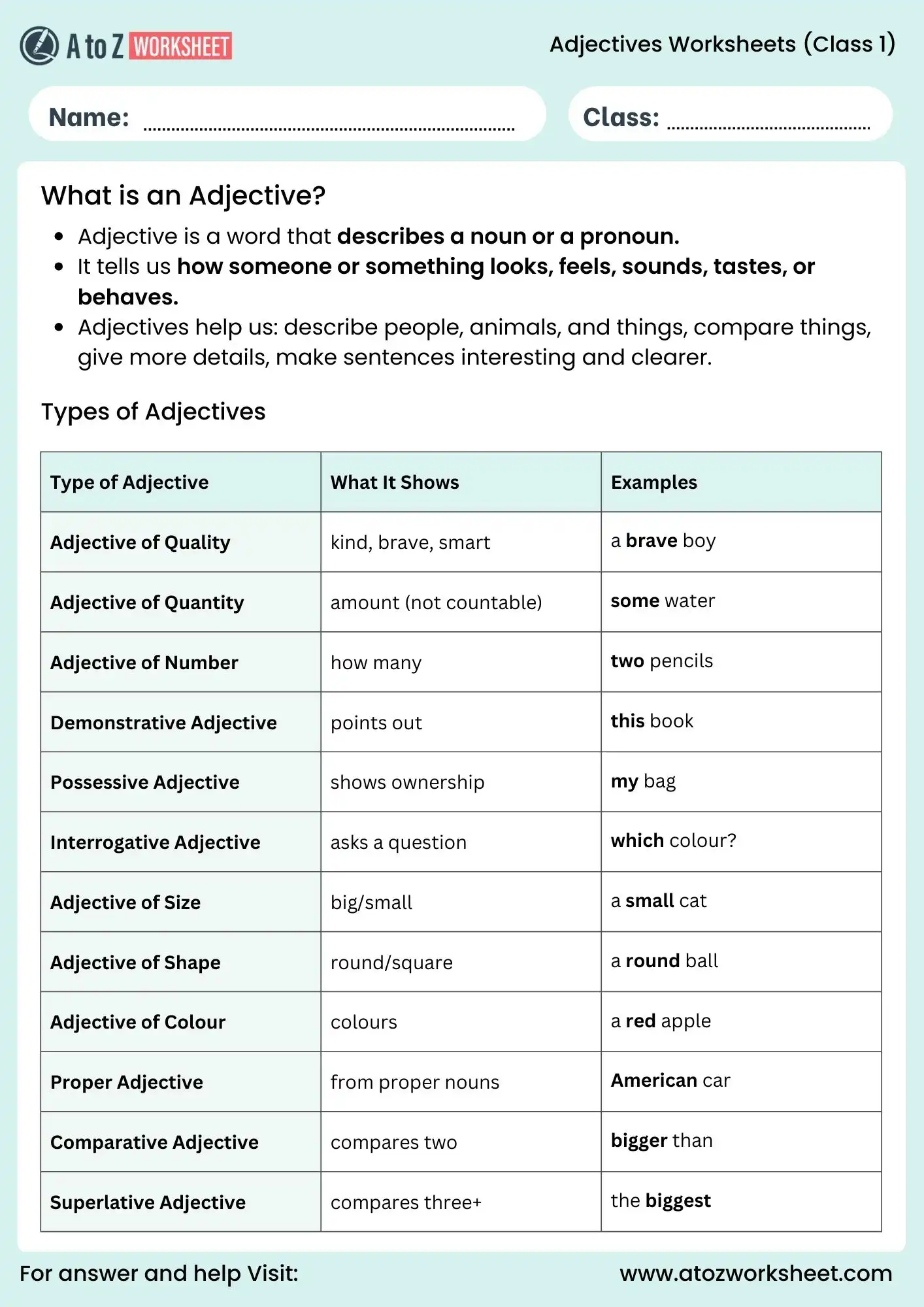 adjective worksheets for class 1 grammar explanation