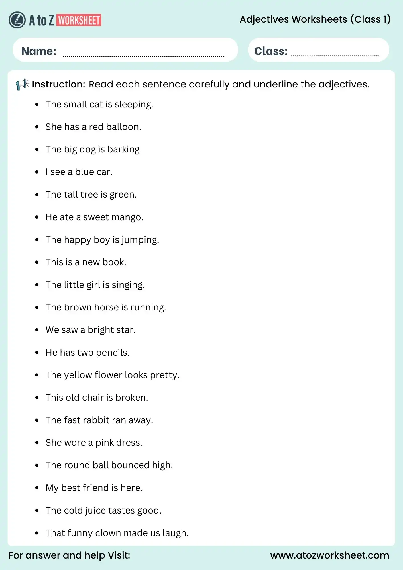 adjective worksheets for class 1 underline adjectives