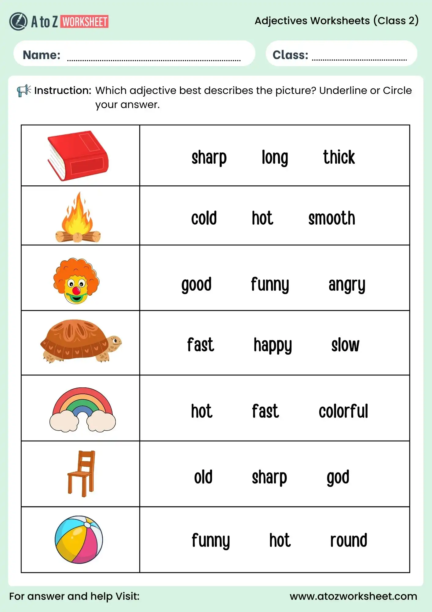 adjective worksheets for class 2 picture choosing activity