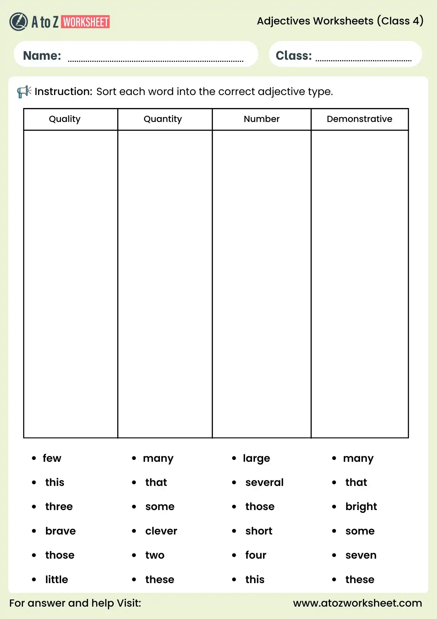 adjective worksheets for class 4 sorting activity