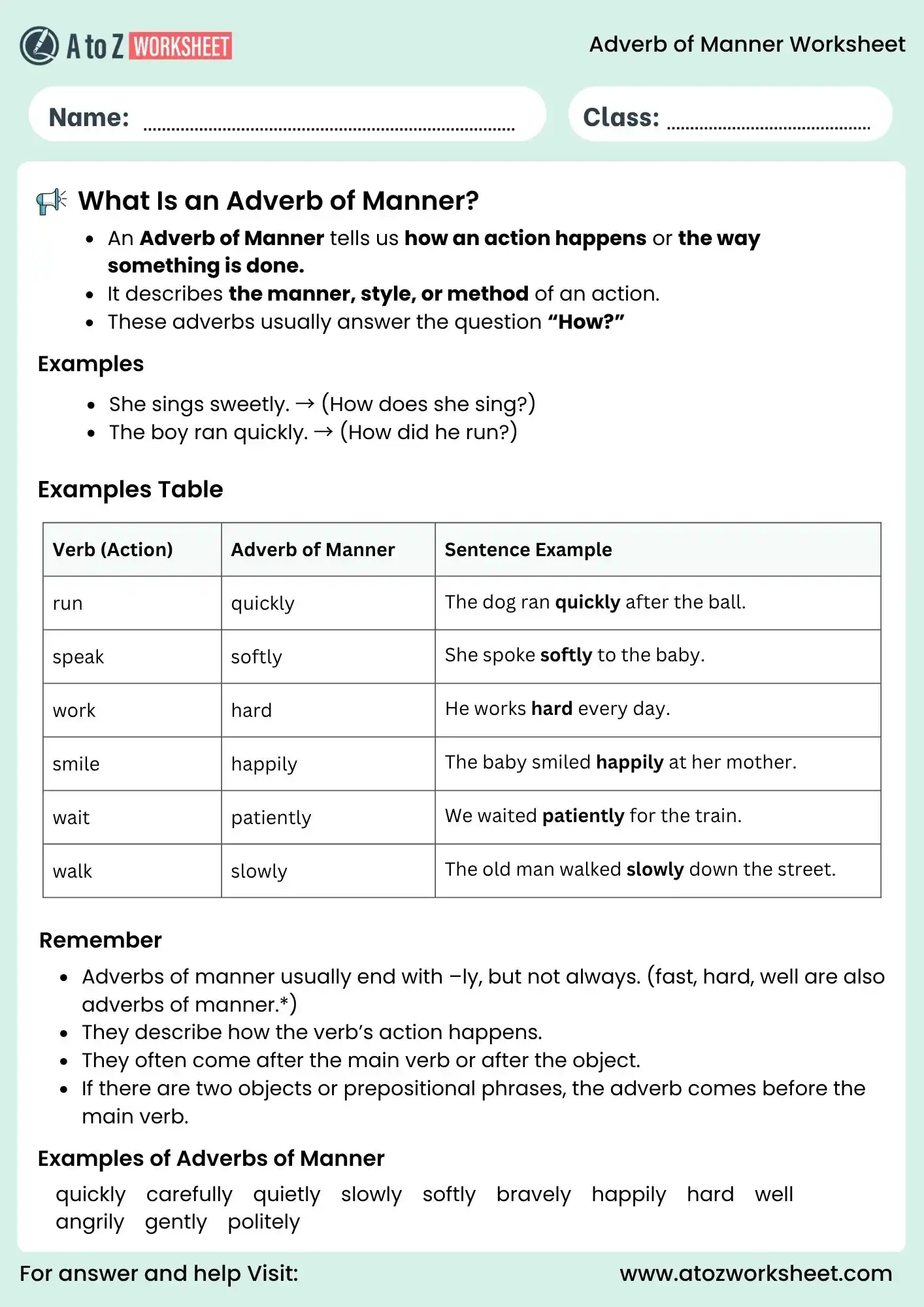 adverb of manner worksheets grammar concept for kids