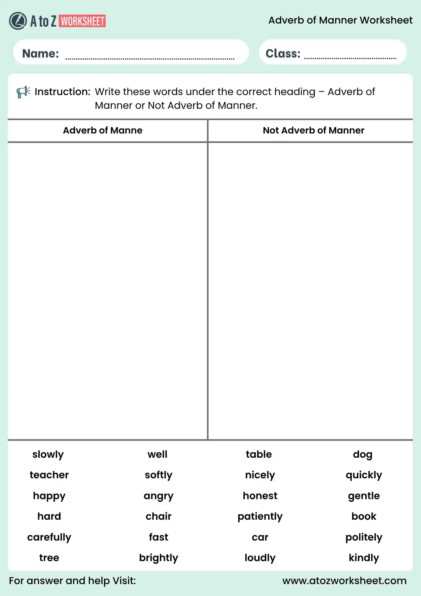 adverb of manner worksheets sorting words exercise