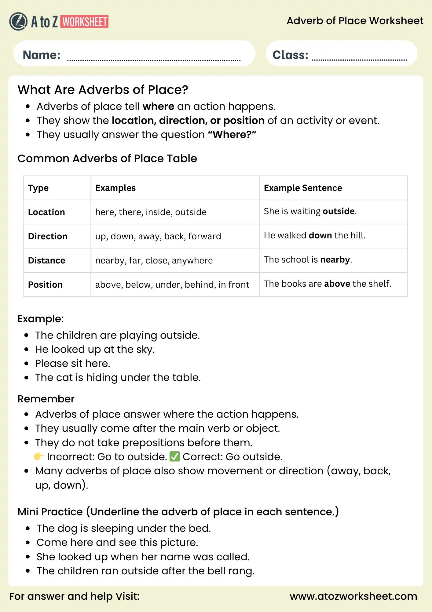adverb of place worksheets for class 2 grammar practice