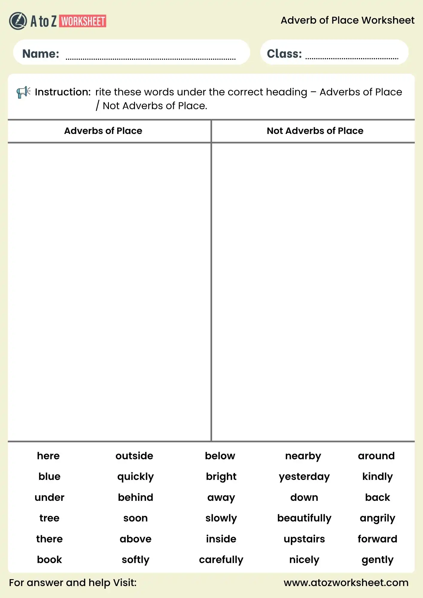 adverb of place worksheets sorting activity for students