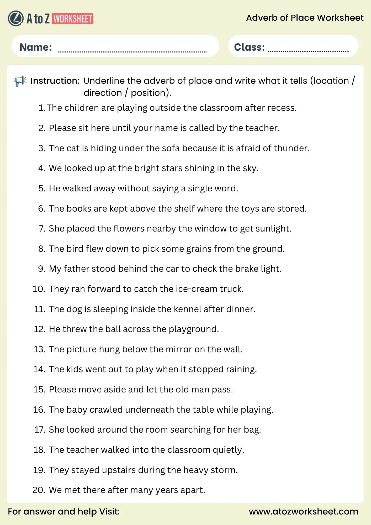 adverb of place worksheets underline practice with answers