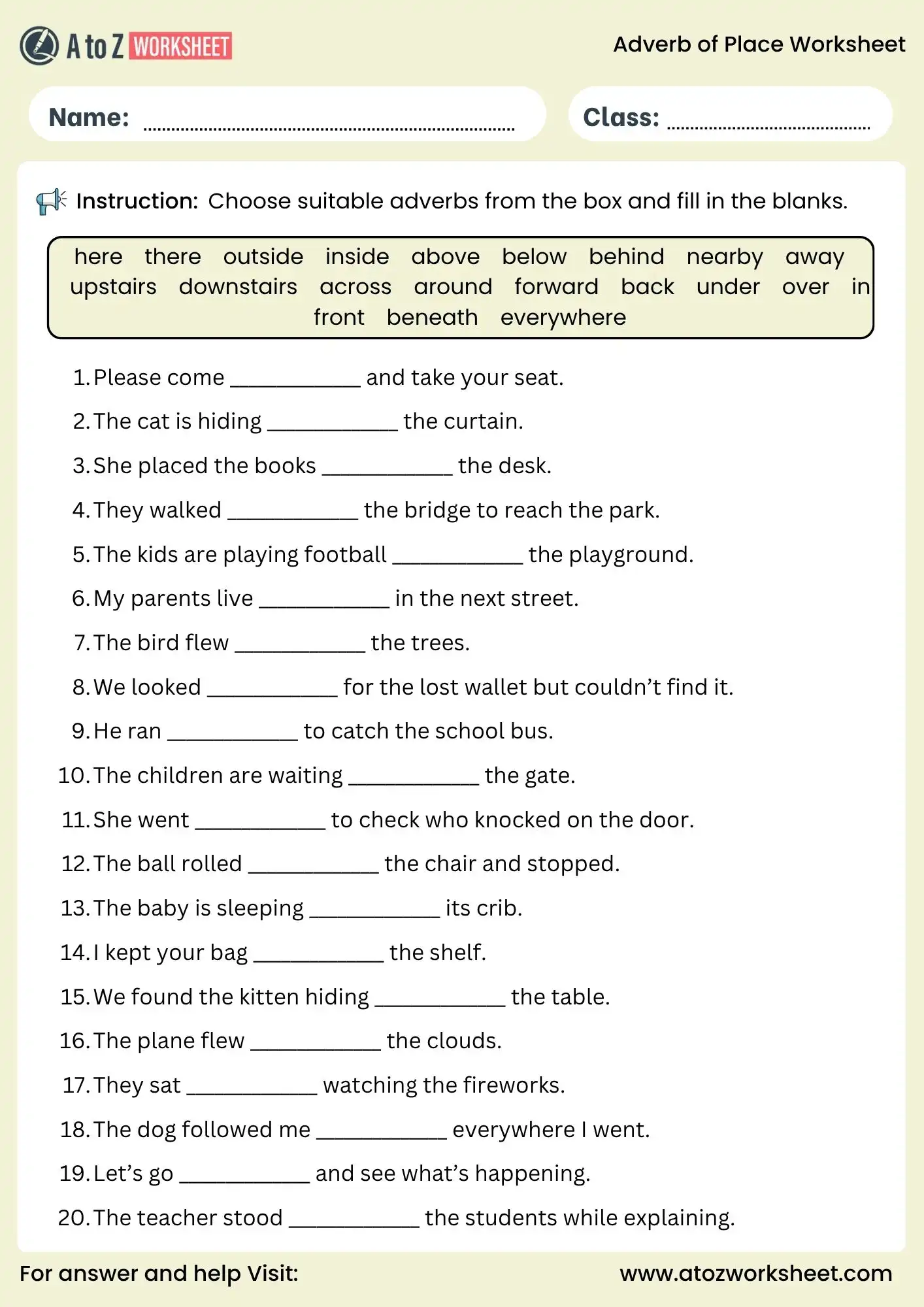 adverb of place worksheets fill in the blanks for english practice
