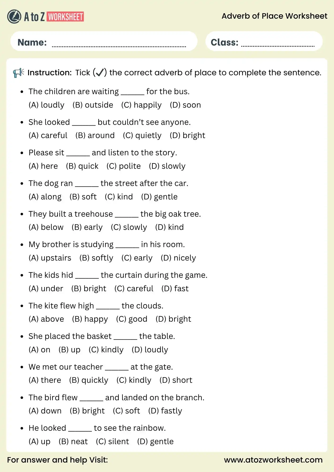 adverb of place worksheets multiple choice activity