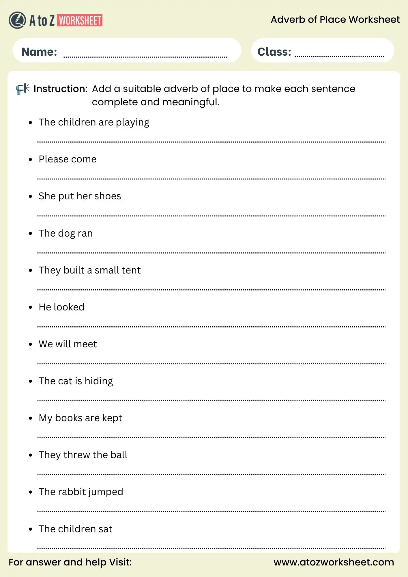 adverb of place worksheets add missing words activity