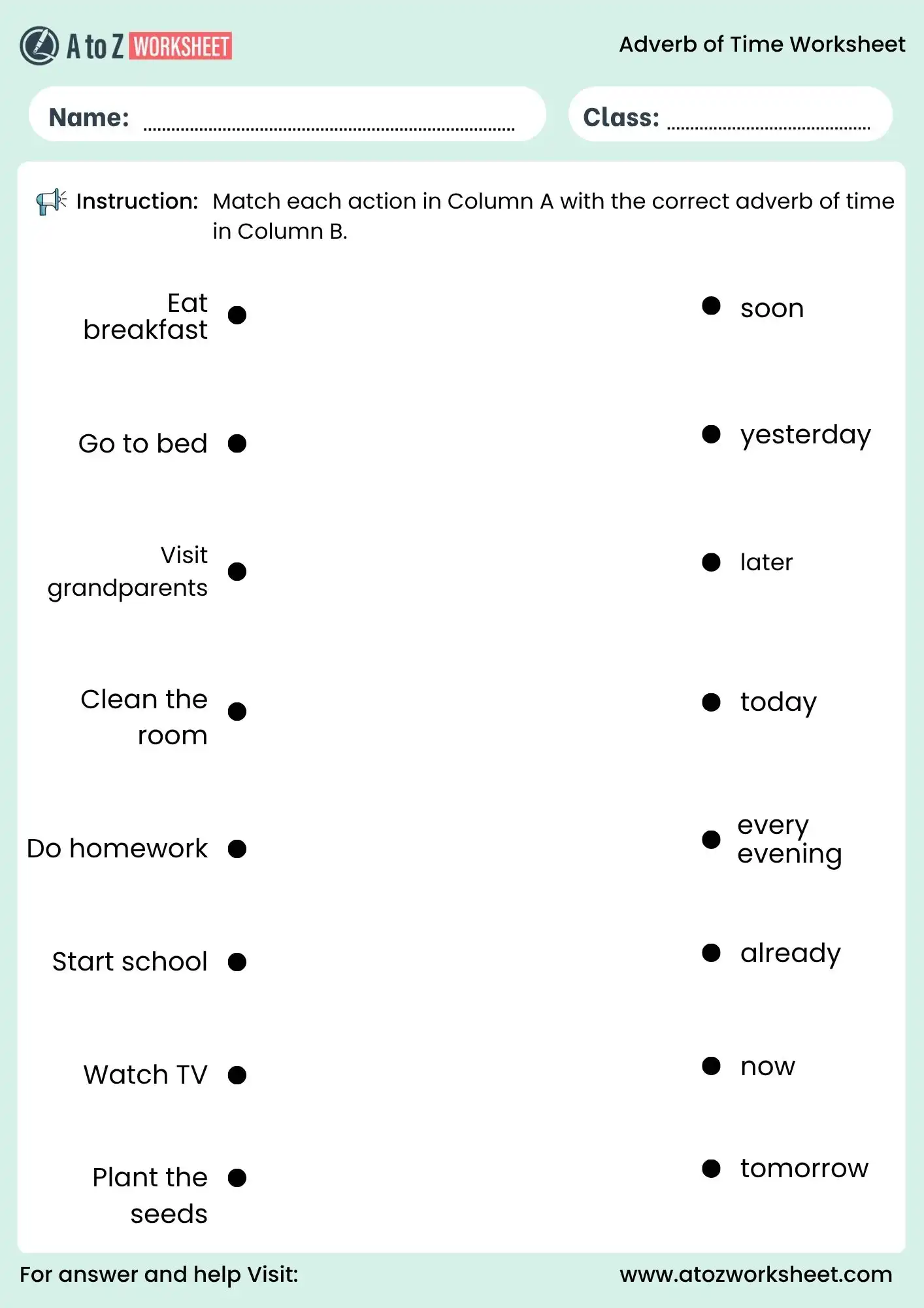 adverb of time worksheets matching activity for kids