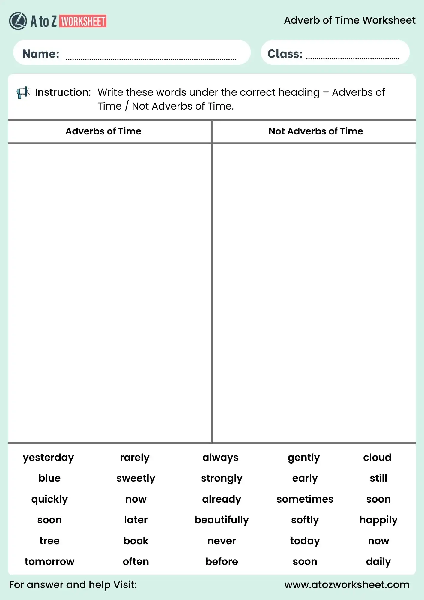 adverb of time worksheets sorting activity for students