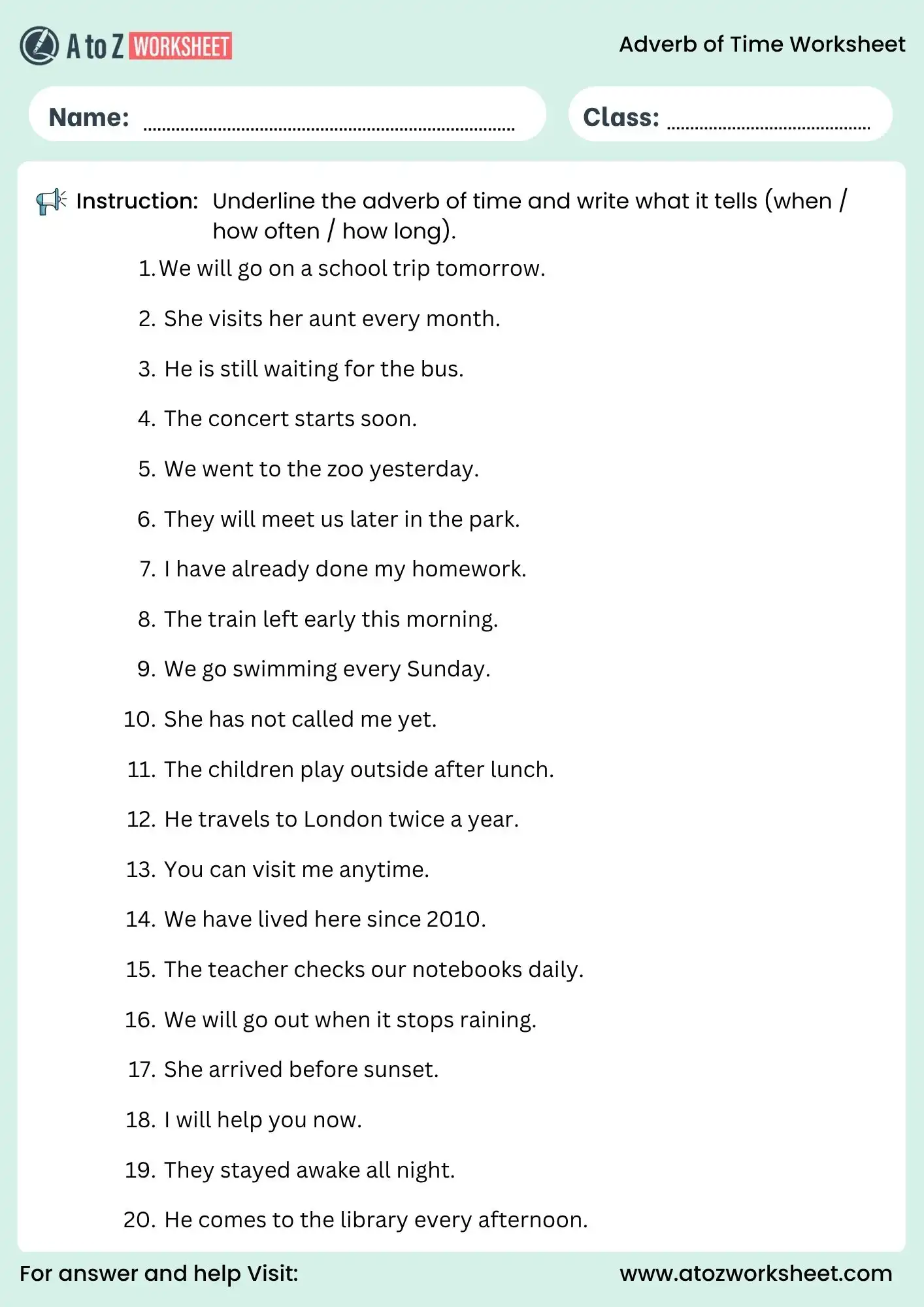 adverb of time worksheets underline and identify practice