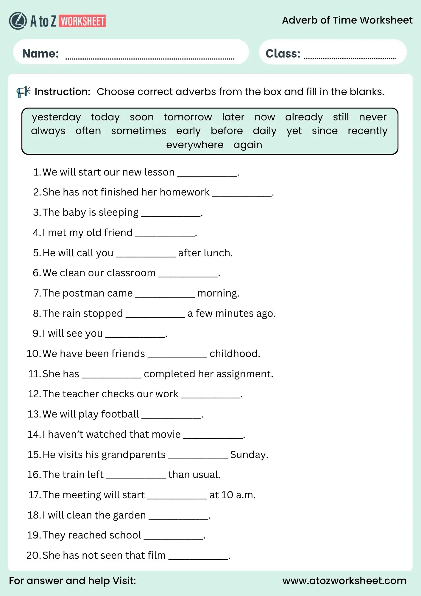 adverb of time worksheets fill in the blanks activity