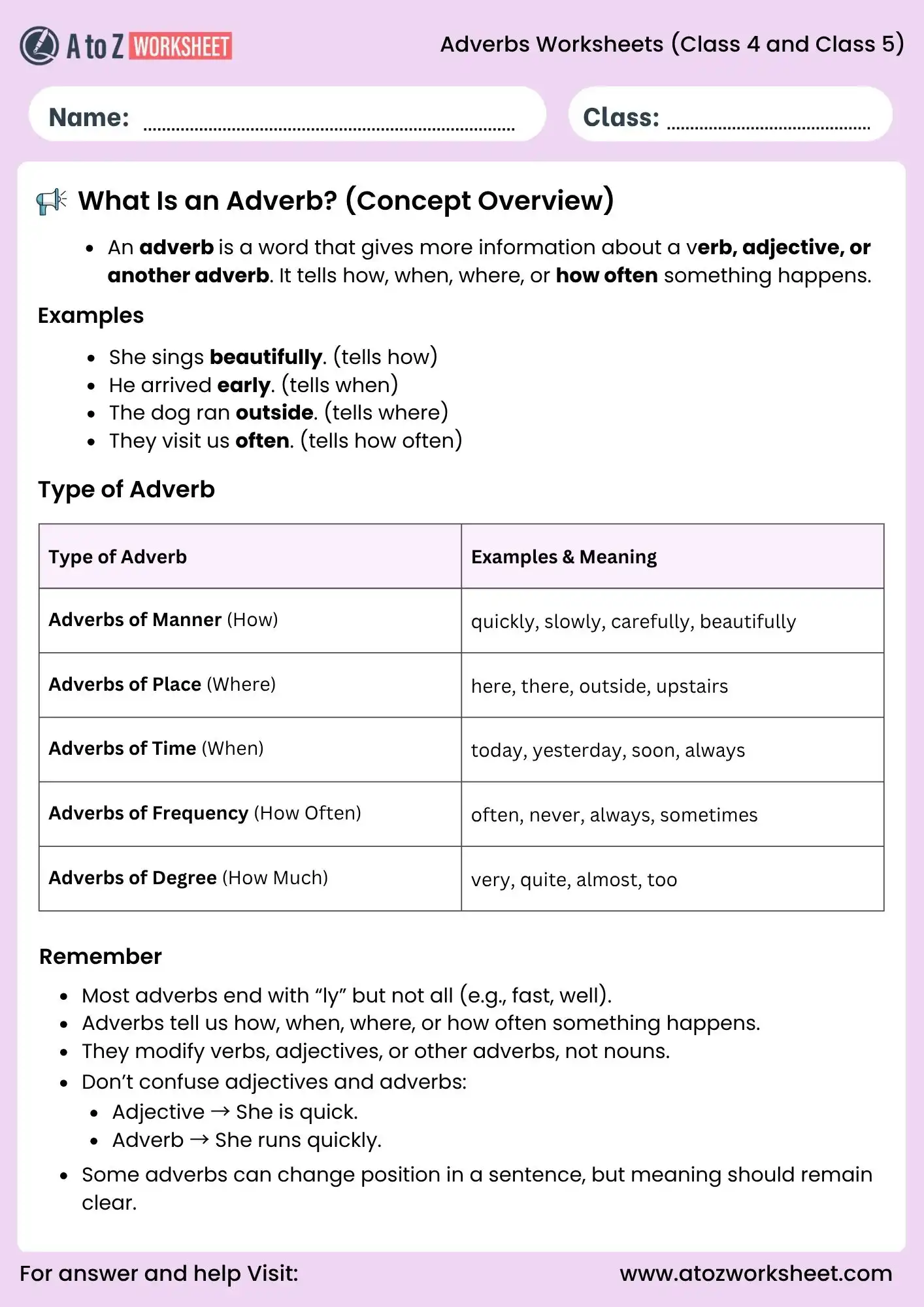 adverb worksheets for class 4 and class 5 concept overview pdf