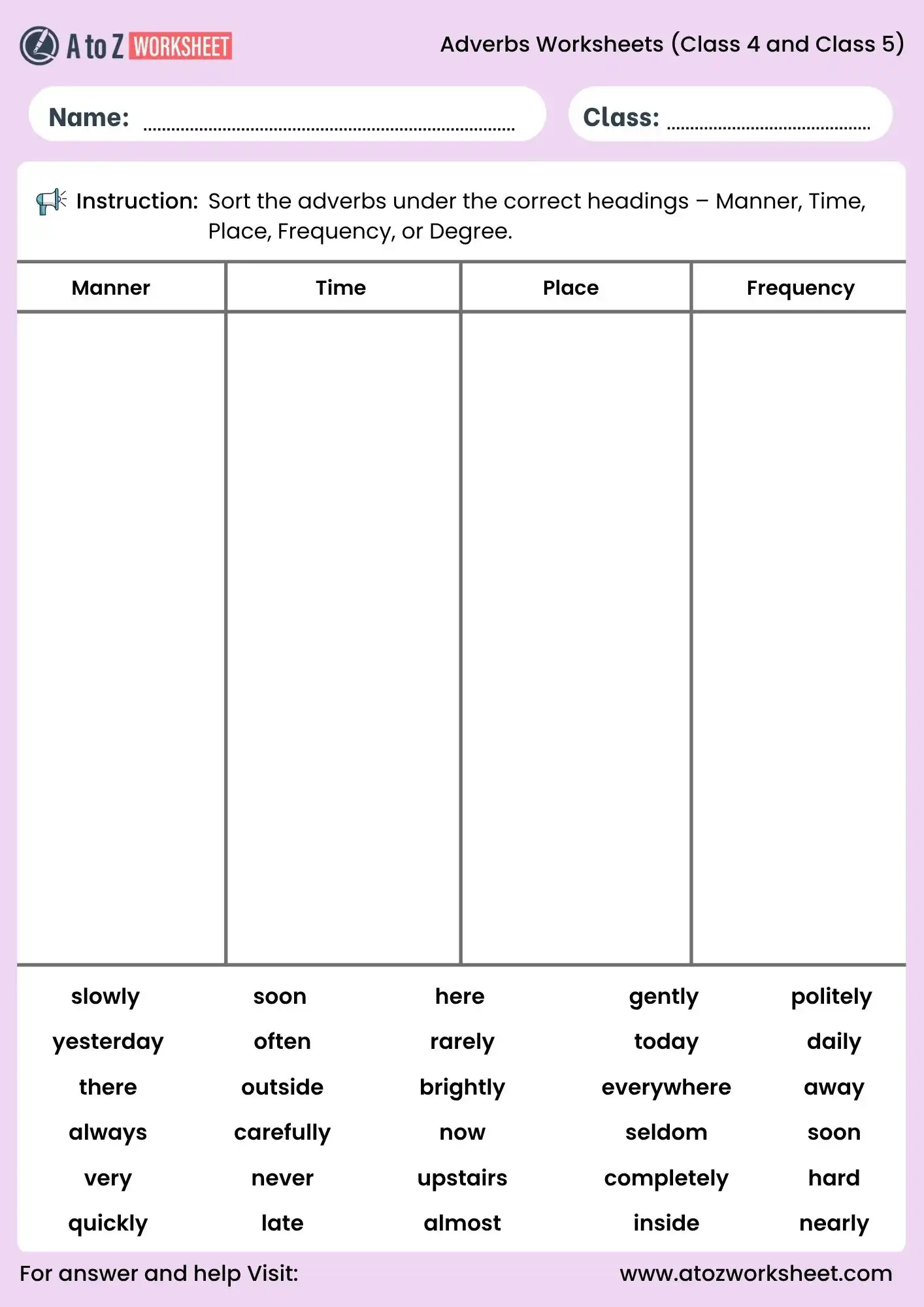 adverb worksheets for class 4 and class 5 sorting activity pdf
