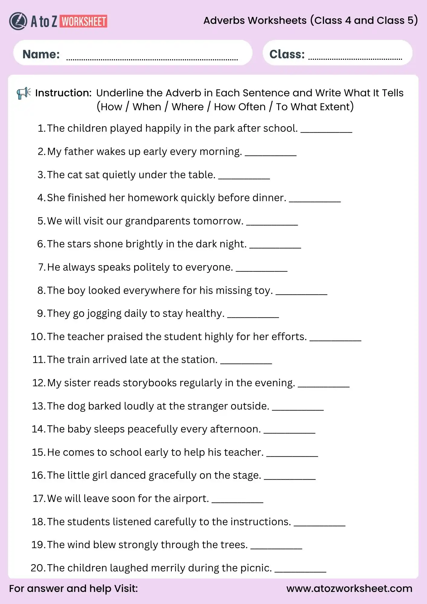 adverb worksheets for class 4 and class 5 underline and identify activity