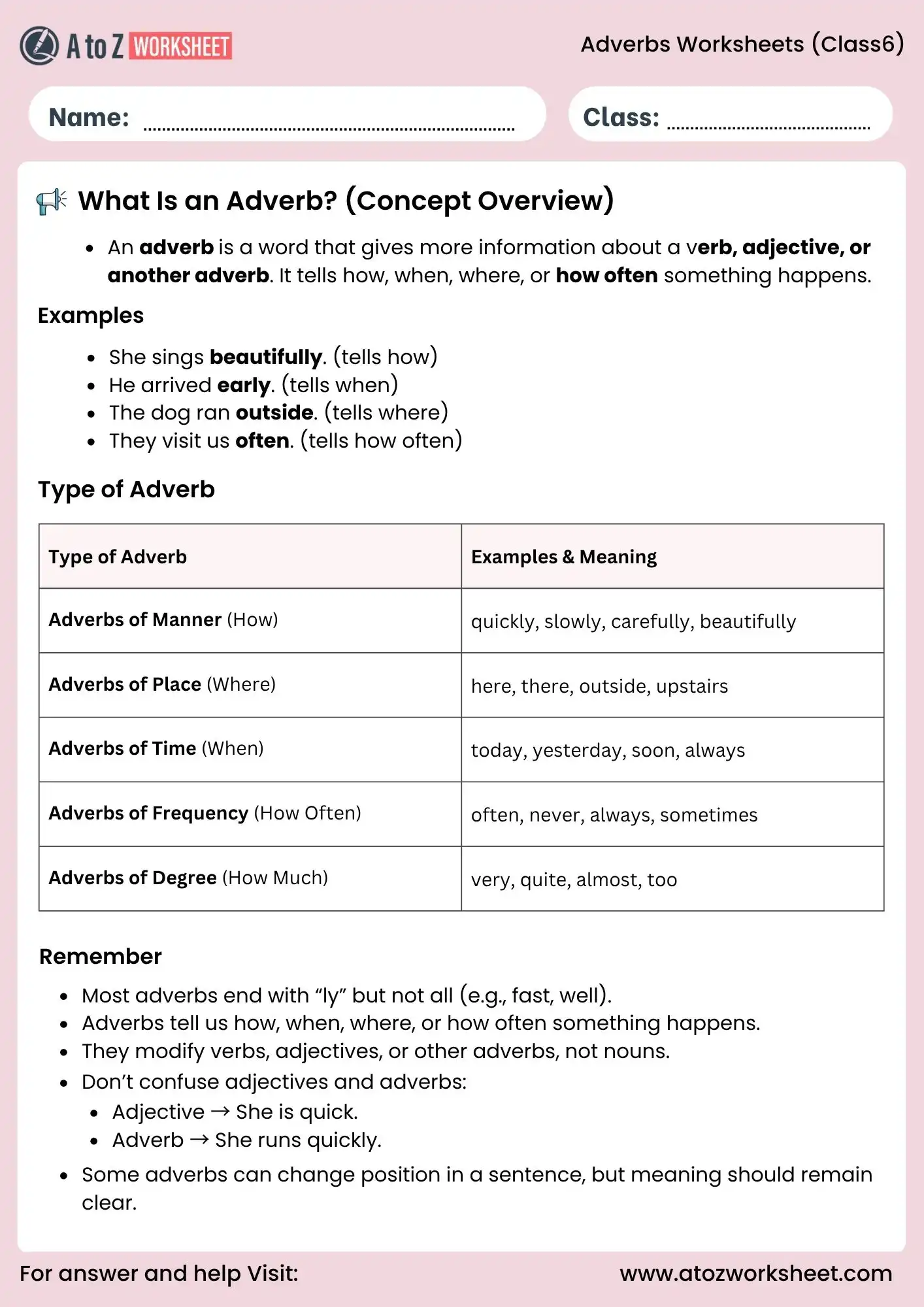 adverb worksheets for class 6 concept overview pdf