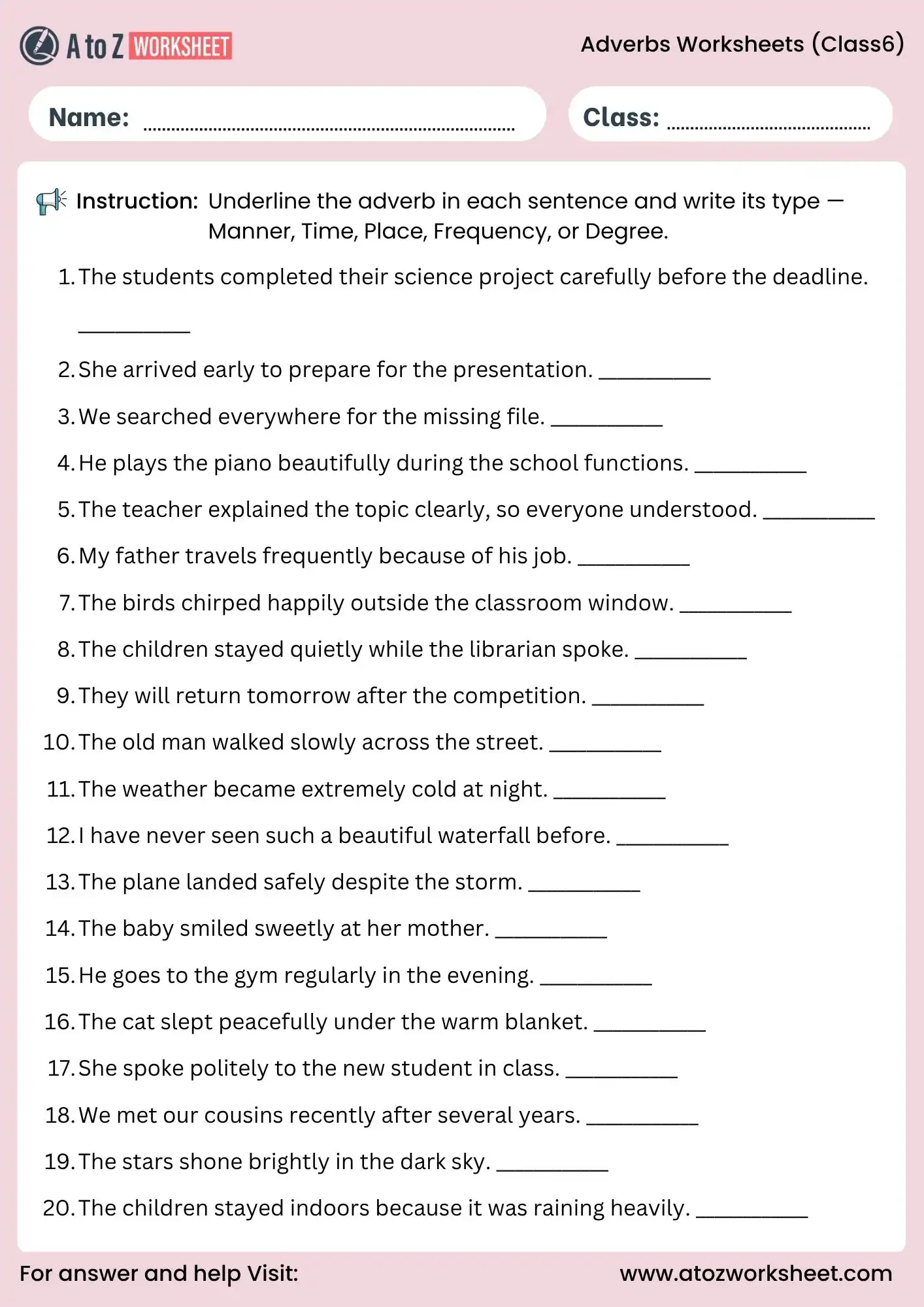 adverb worksheets for class 6 underline and identify activity