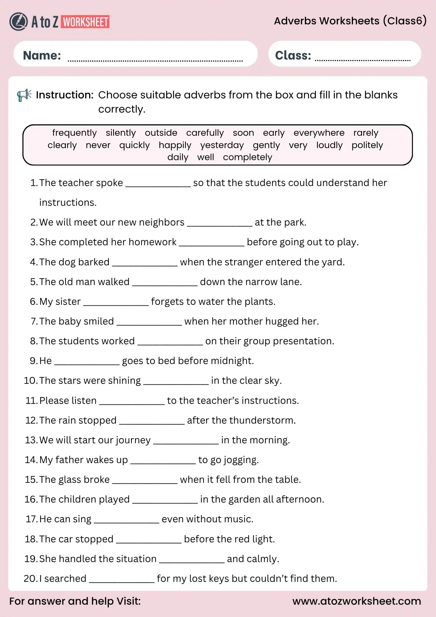 adverb worksheets for class 6 fill in the blanks activity