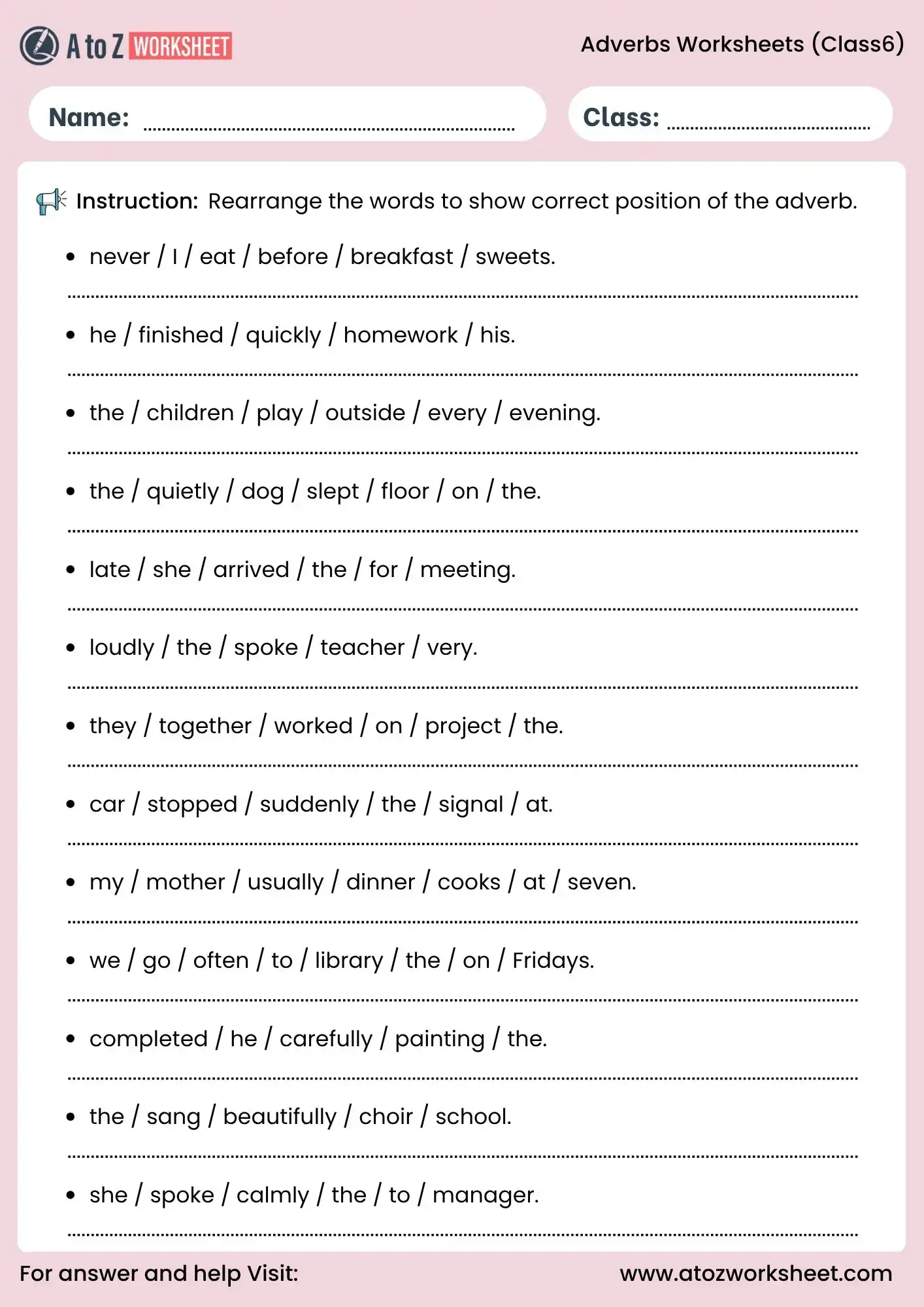 adverb worksheets for class 6 rearrange words activity