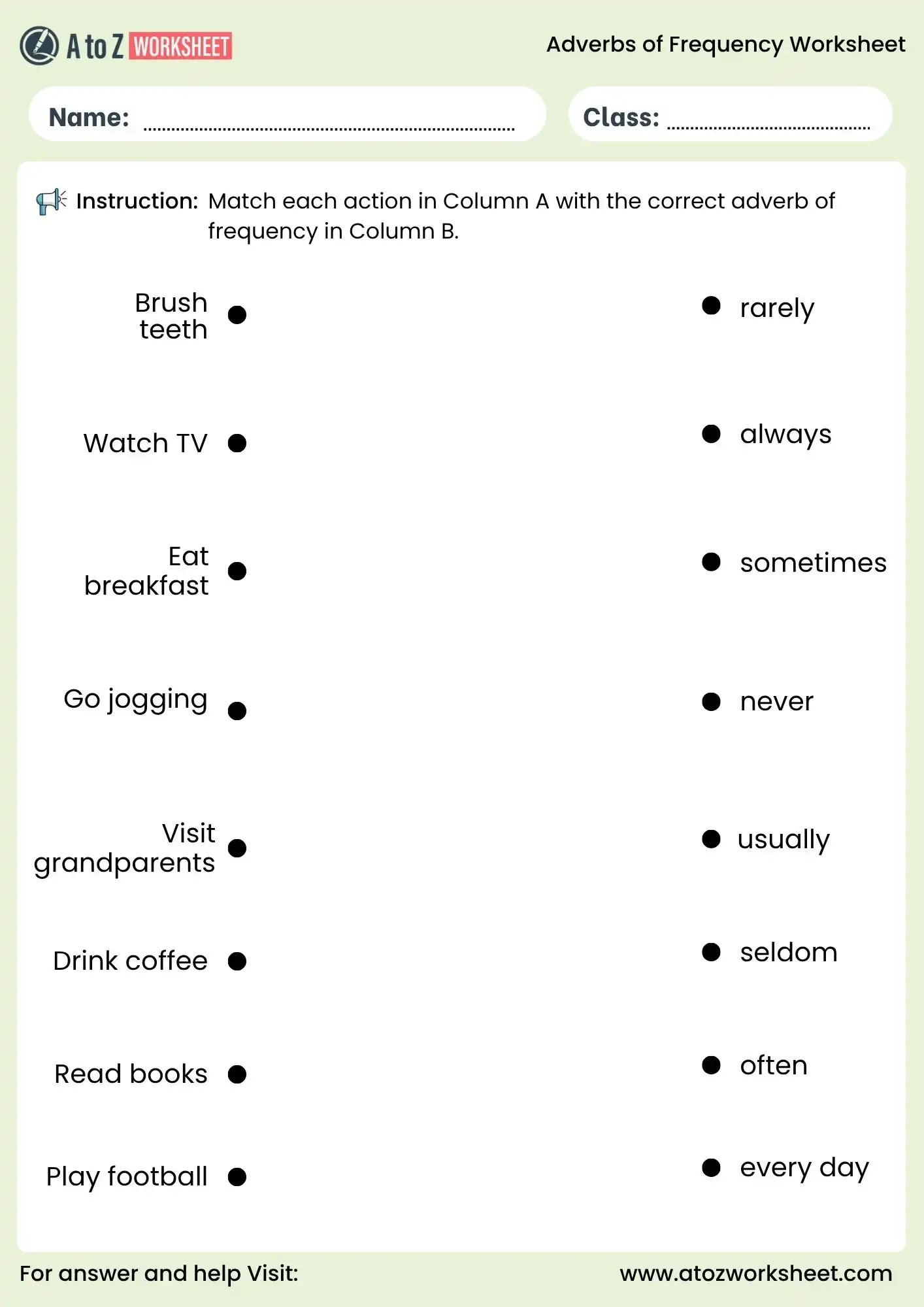 adverbs of frequency worksheets matching activity for kids