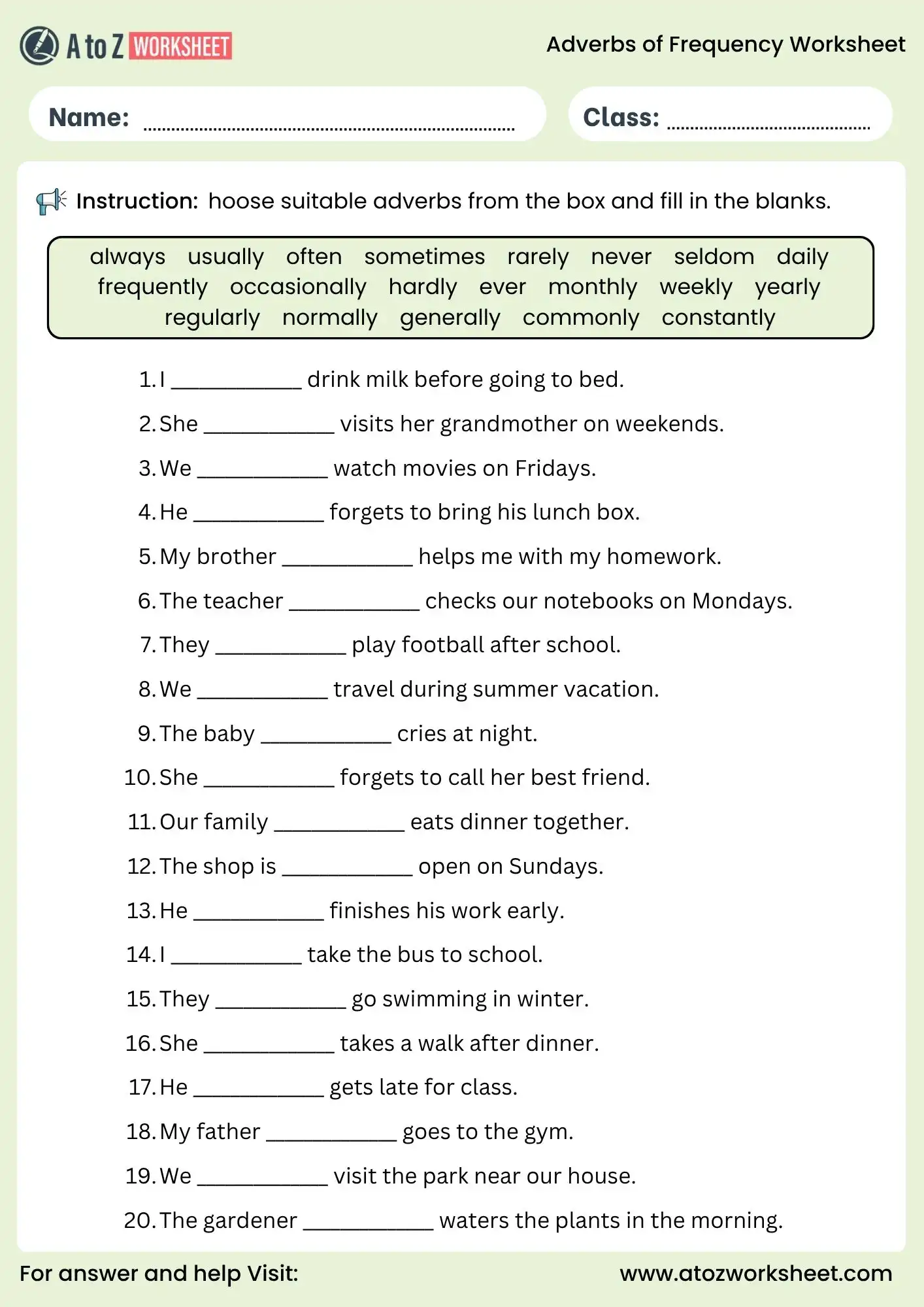 adverbs of frequency worksheets fill in the blanks for english practice