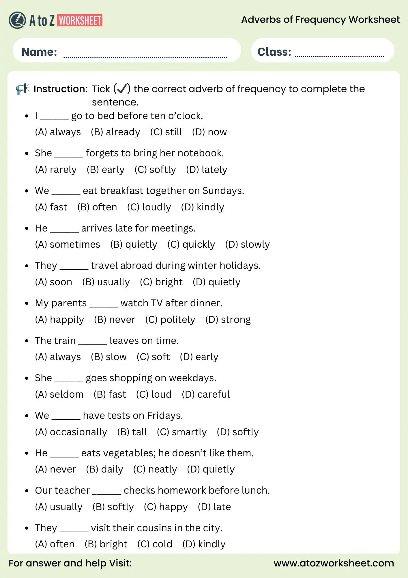 adverbs of frequency worksheets mcq activity with answers