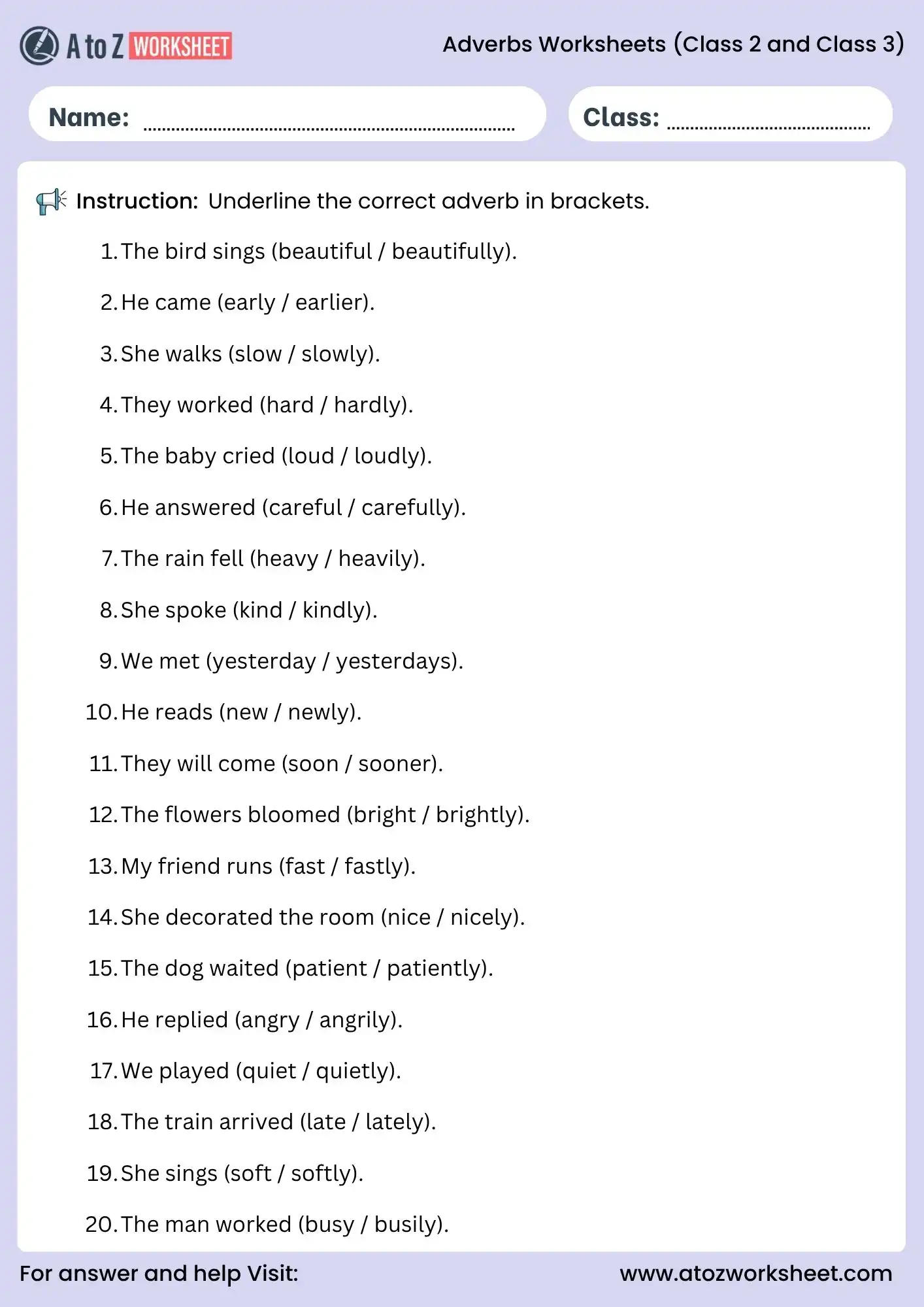adverbs worksheets for class 2 and class 3 underline correct adverb in brackets
