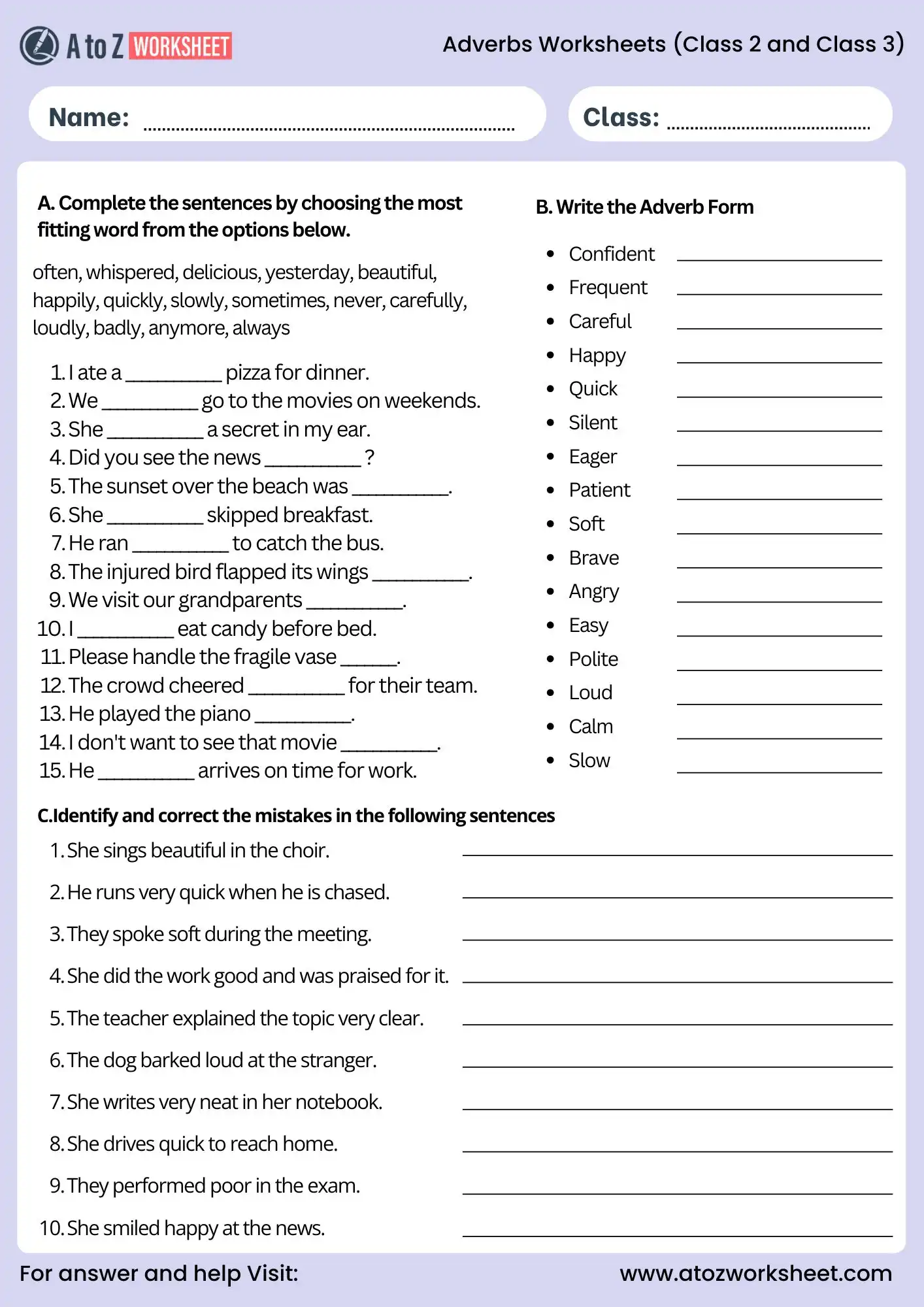 adverbs worksheets for class 2 and class 3 correction and fill activity pdf