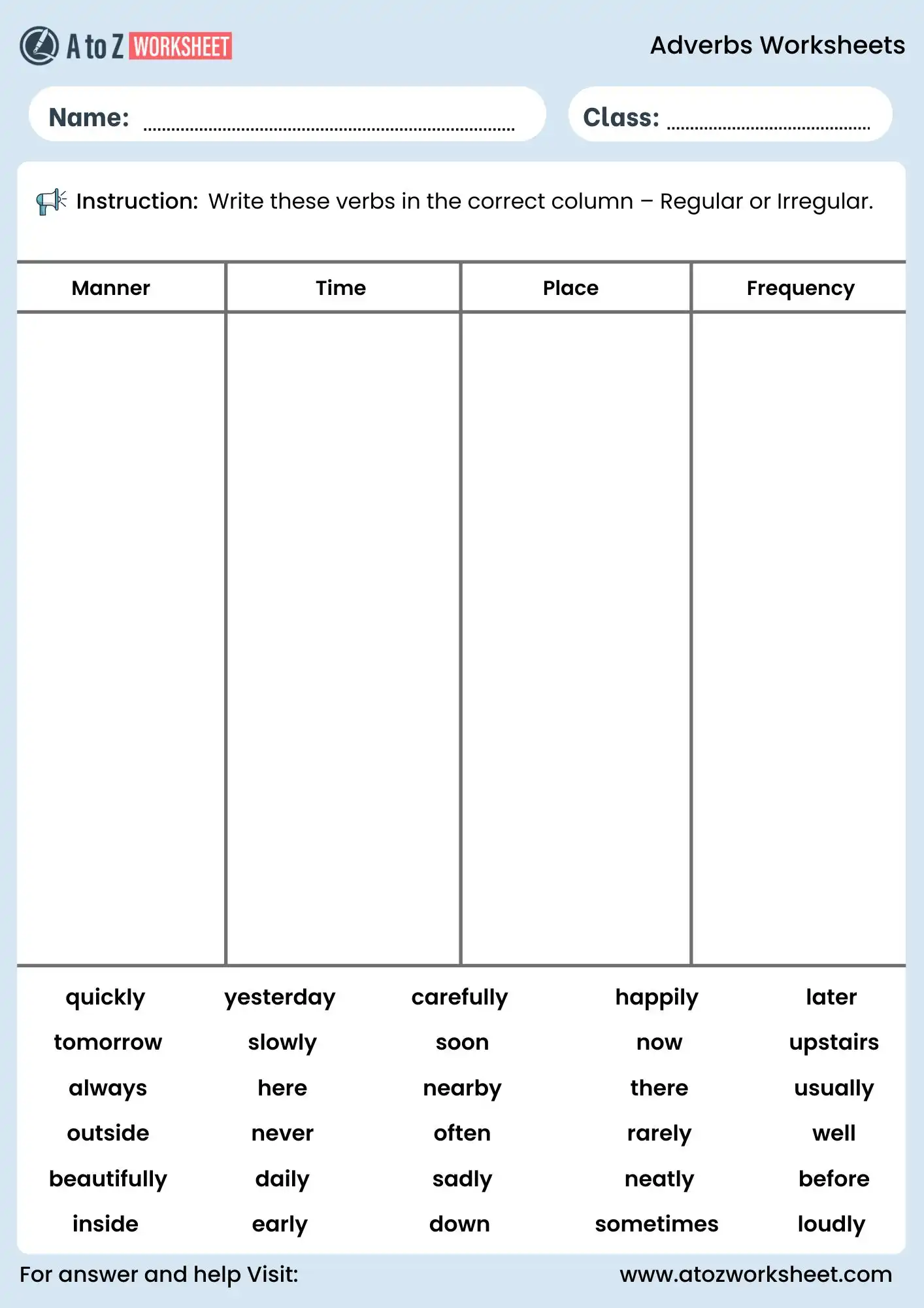 types of adverbs classification worksheet