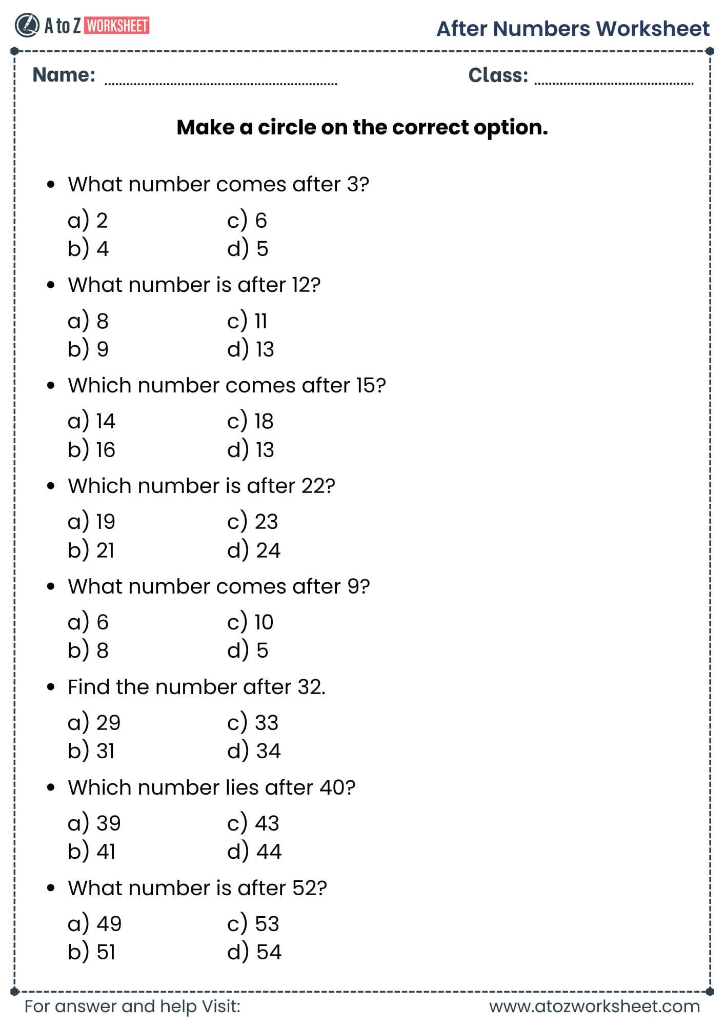 after number worksheet​ for class 1