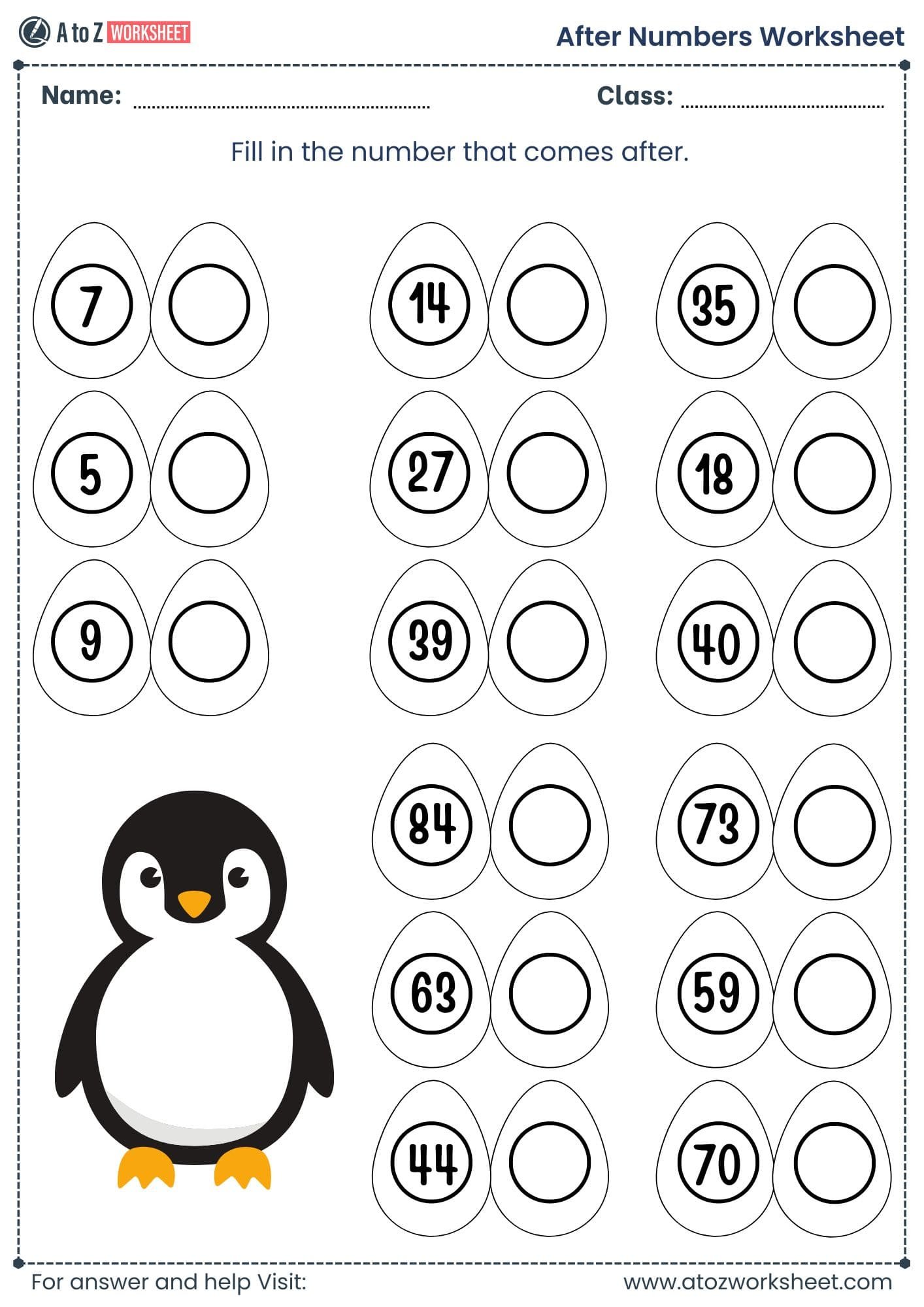 after number worksheet​ for class 1