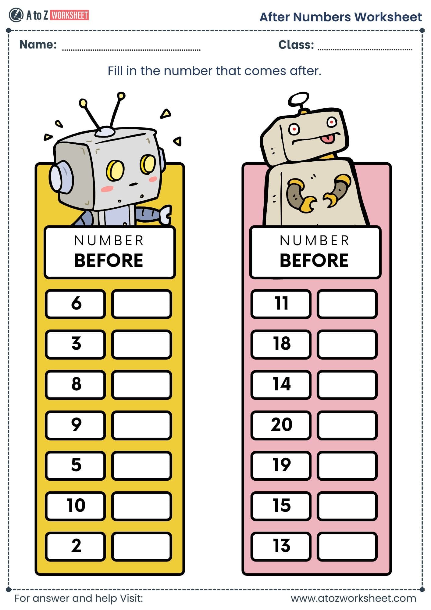 after number worksheet​ for class 1