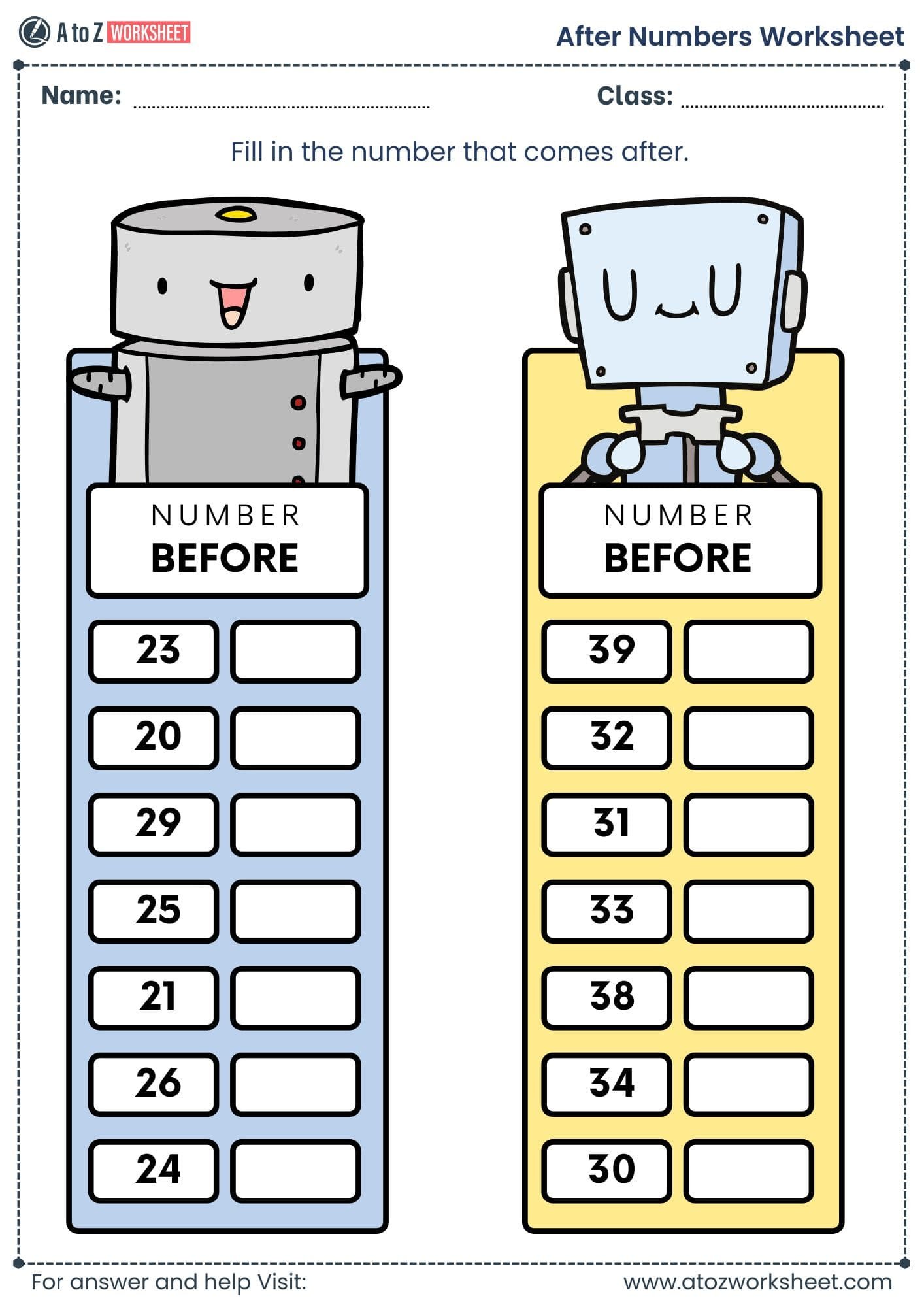 after number worksheet​ for class 1